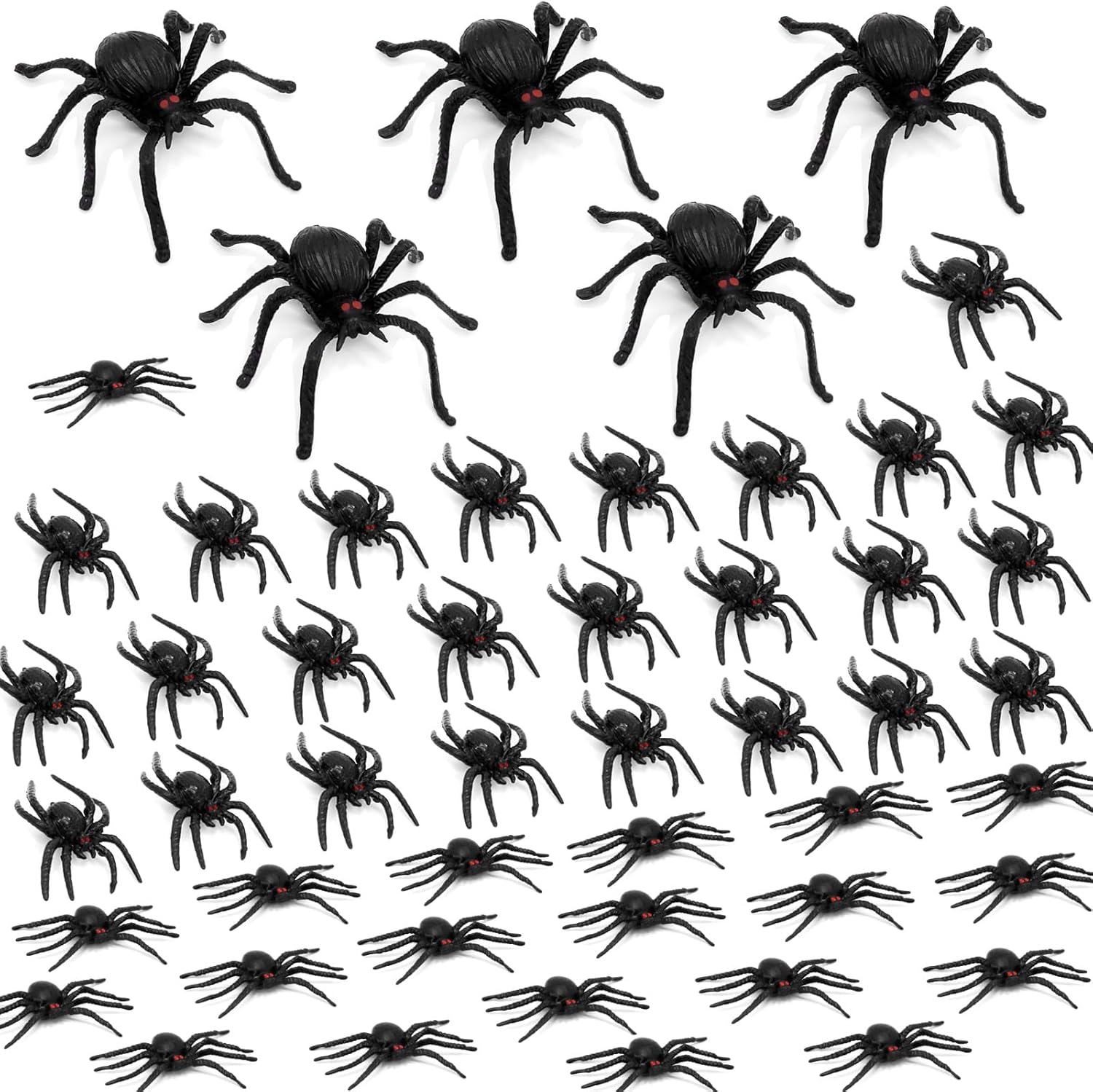 50 arañas de plástico para Halloween, arañas falsas de tres tamaños, broma de Halloween, juguetes de broma para decoraciones de Halloween