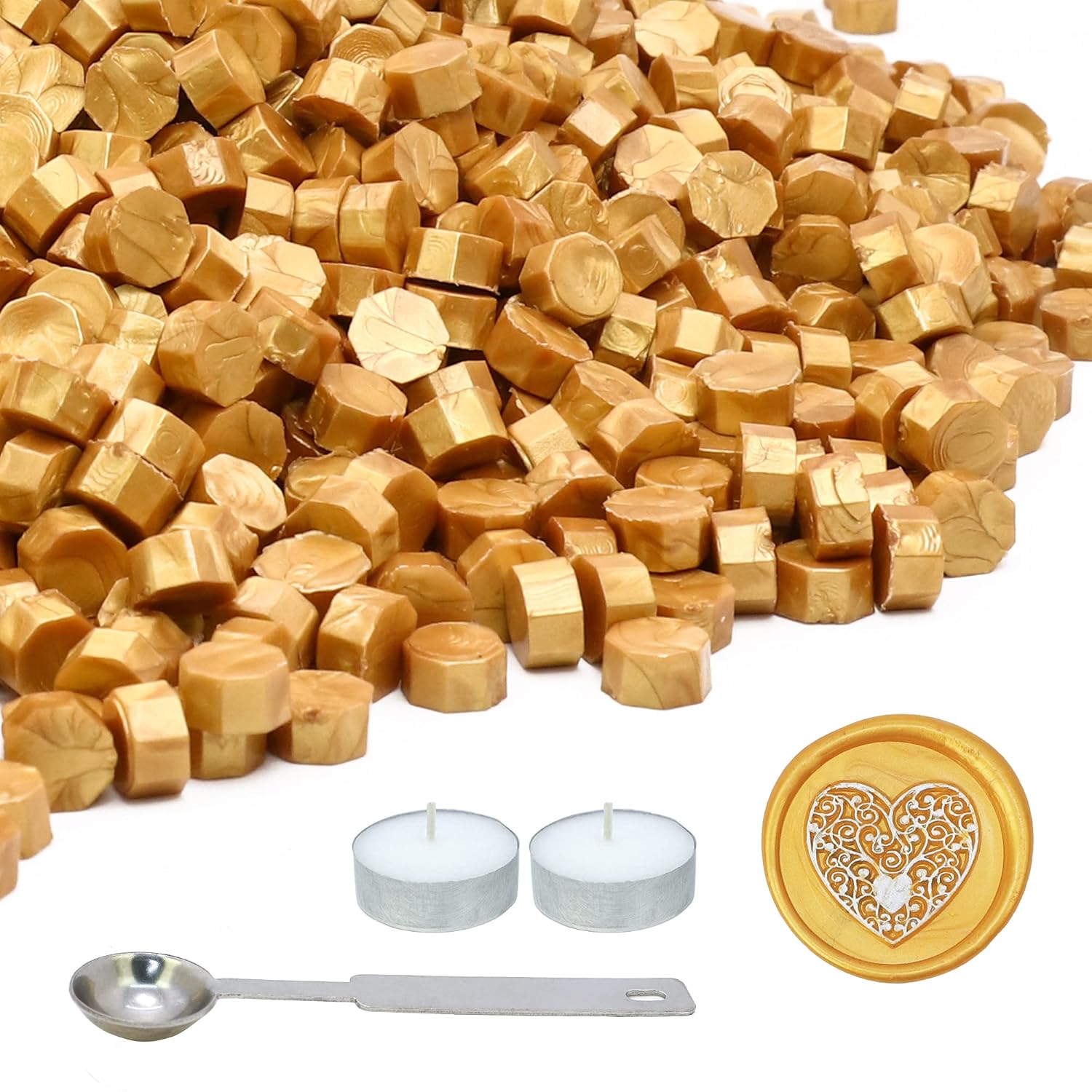 SWANGSA Kit de 360 cuentas de cera de sellado dorado con 2 velas de té y 1 cuchara de fusión de cera para sello de cera (dorado)