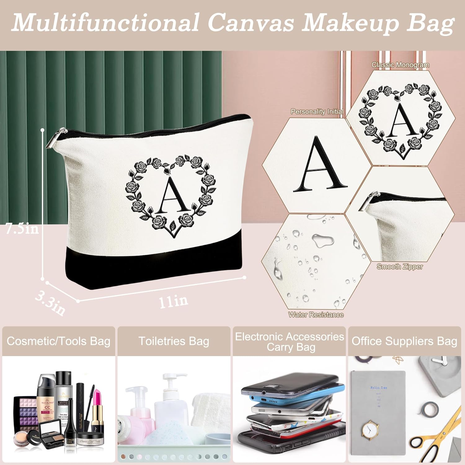 YOOLIFE Regalos para mujeres, regalos para el día de la madre, bolsa de lona con inicial, bolsa de playa y bolsa de maquillaje, regalos de