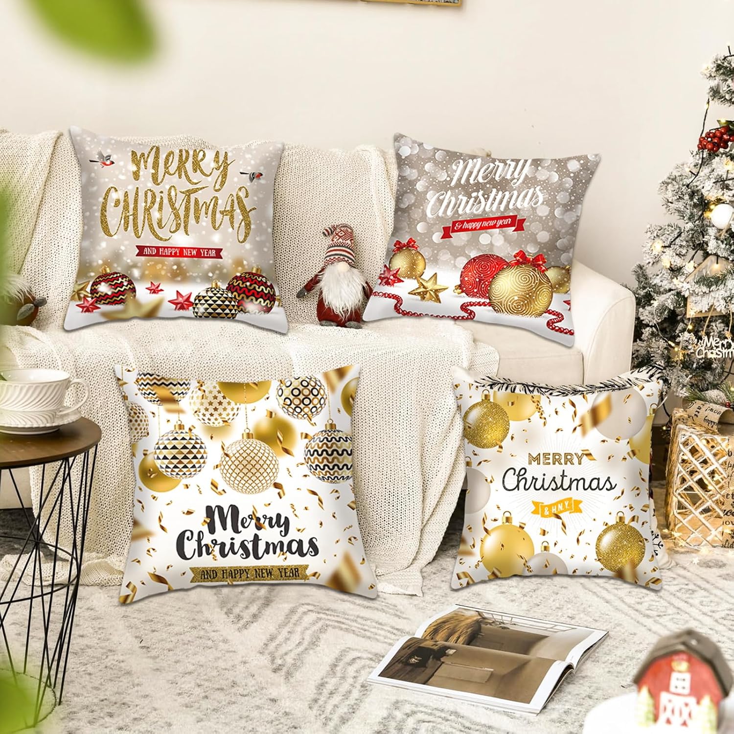 Juego de 4 fundas de almohada de Navidad de color oro blanco, 18 x 18 pulgadas, decoraciones de Navidad súper suaves, para sofá, decoración de cojín