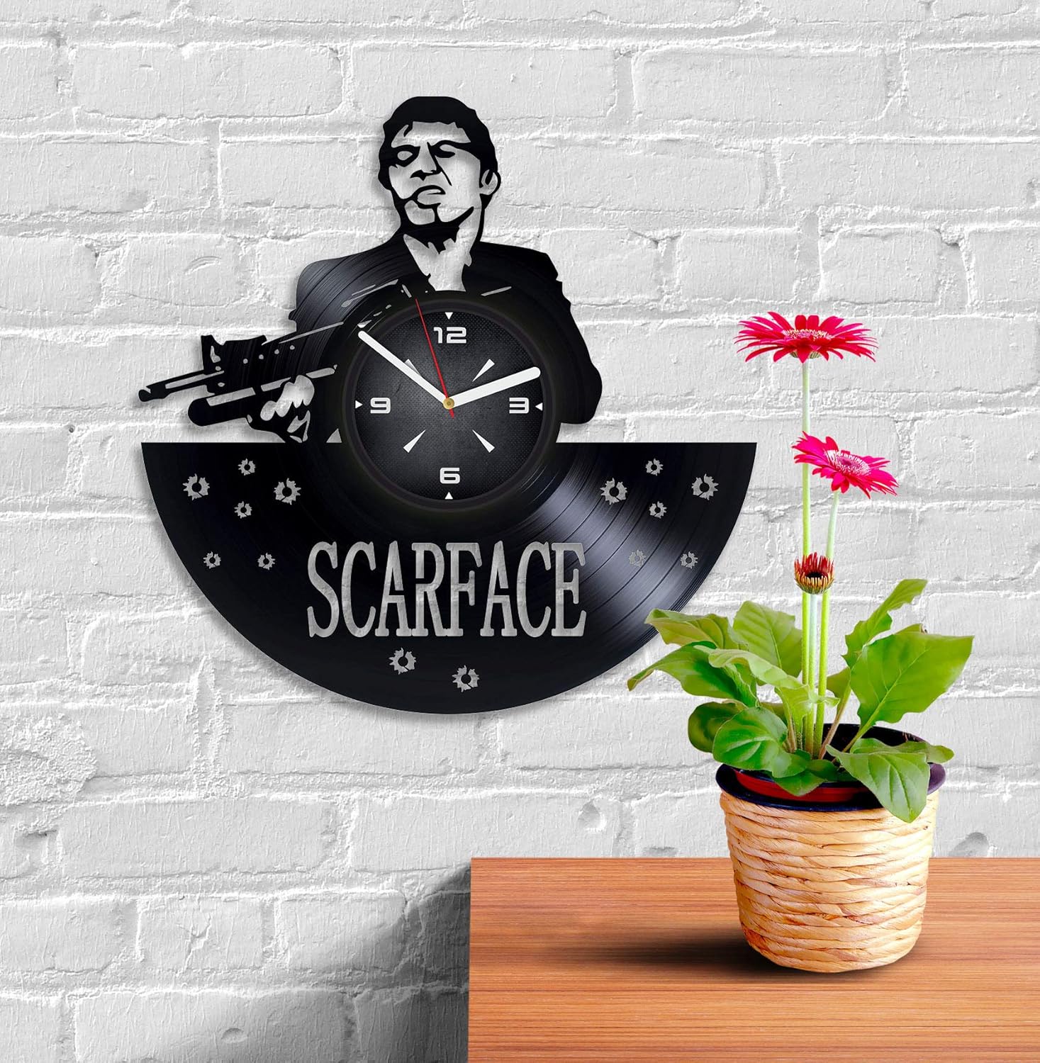 Reloj de pared de disco de vinilo Scarface. Decoración para dormitorio, sala de estar, habitación de los niños. Regalo para hombres o mujeres.