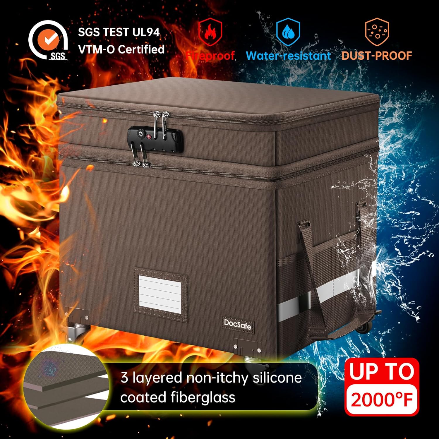 DocSafe Caja de archivos con cerradura, caja de documentos ignífuga de 2 capas con ruedas, organizador de almacenamiento de archivos plegable con