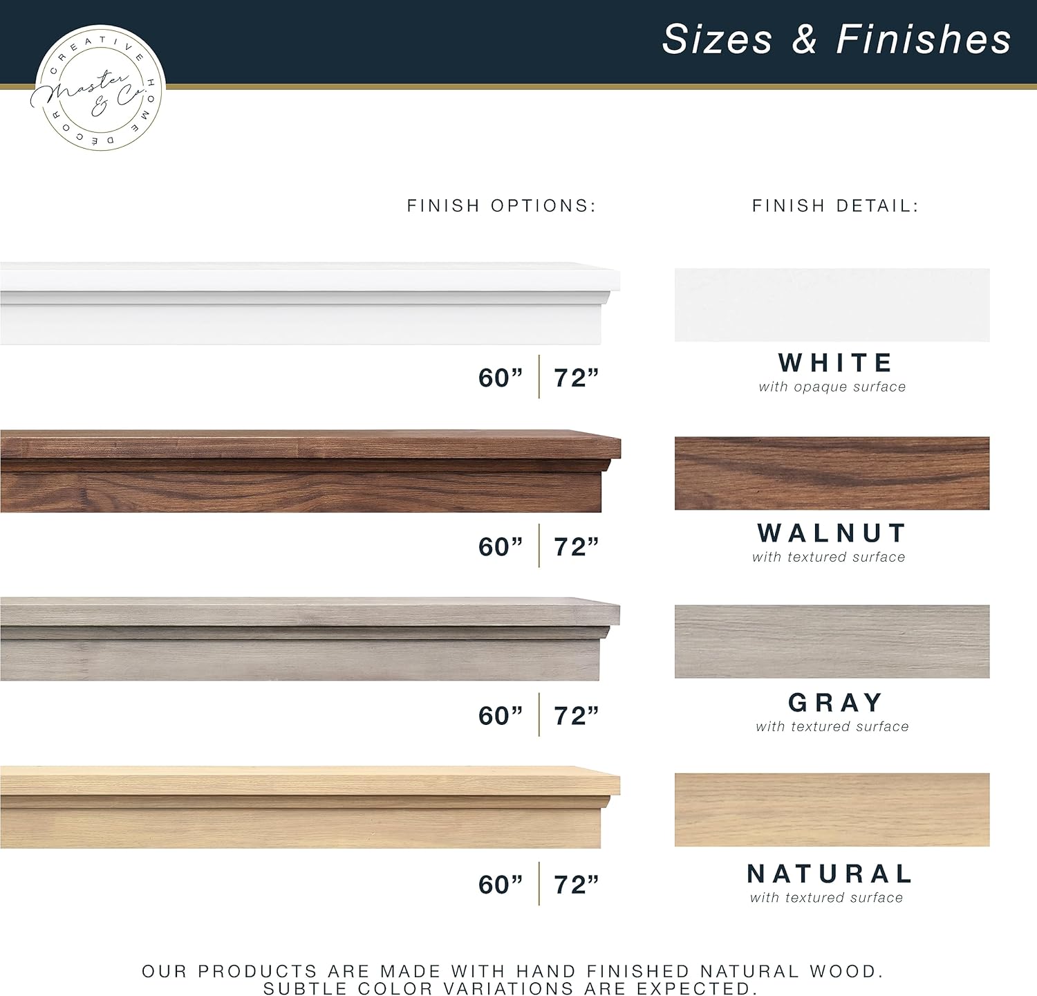 Master & Co. – Repisa flotante clásica para chimenea, estantes flotantes largos para decoración de pared, 60 pulgadas, color blanco