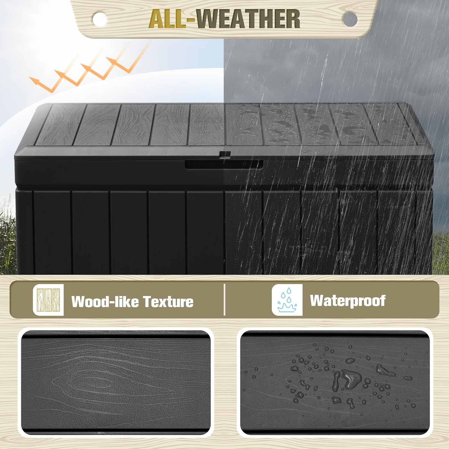 Flamaker Caja de almacenamiento para exteriores, 85 galones, de resina, impermeable, con textura de madera, contenedor de almacenamiento grande para