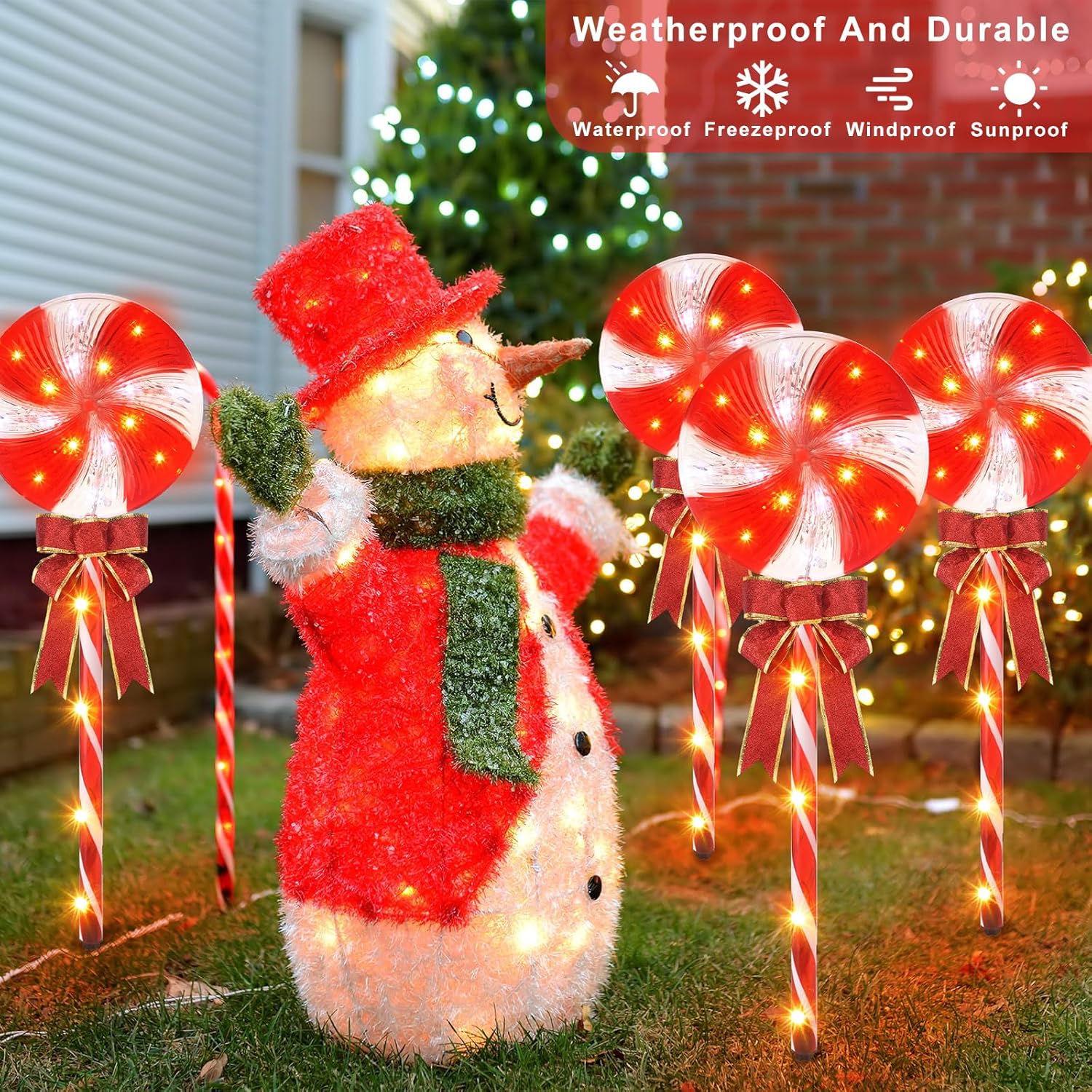 2 juegos de decoraciones de Navidad para exteriores, 26 pulgadas, piruleta de menta, bastón de caramelo, luces de camino, 160 LED, 8 modos de