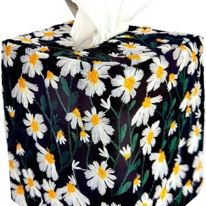 Funda cuadrada para caja de pañuelos de tela, diseño vintage con margaritas 3D, soporte para pañuelos de lino, 4.4 x 4.4 x 5.1 pulgadas, color negro Funda cuadrada para caja de pañuelos de tela, diseño vintage con margaritas 3D, soporte para pañuelos de lino, 4.4 x 4.4 x 5.1 pulgadas, color negro