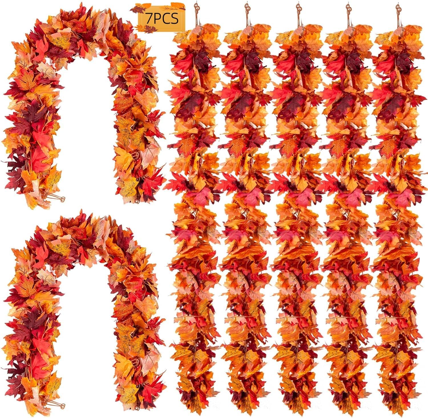 DuHouse Paquete de 7 guirnaldas de hojas de arce de otoño de 6 pies, guirnalda artificial de otoño con hojas de otoño para Halloween, Acción de