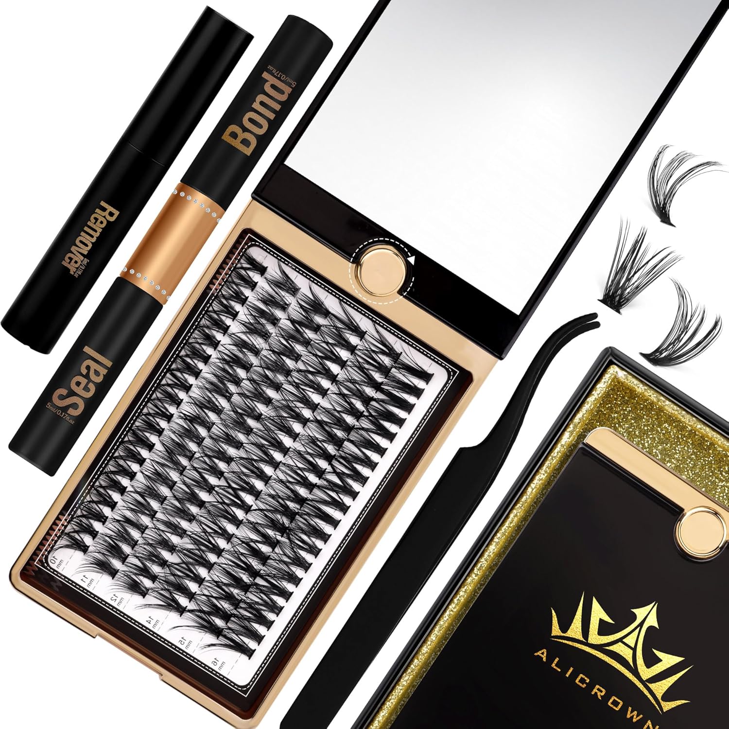 Kit de extensión de pestañas en racimo con espejo de rotación, 120 unidades de racimos de pestañas 40D, kit de extensión de pestañas con enlace de