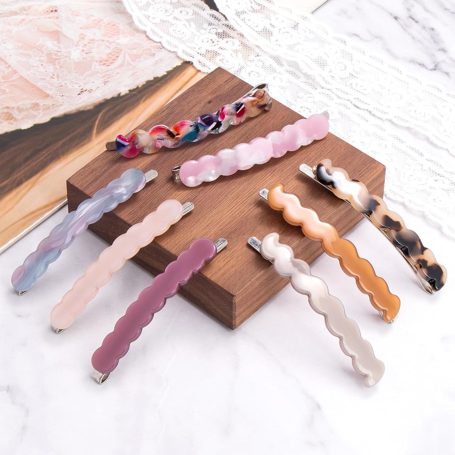 Nuorest 12 horquillas de pelo francés para mujer, elegantes pasadores de pelo de acetato, pinzas anchas para el cabello, accesorios coloridos