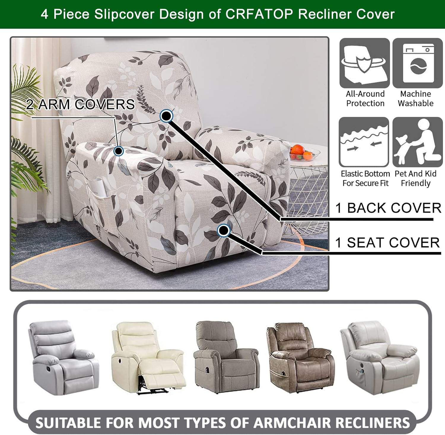 CRFATOP Funda reclinable con estampado floral y bolsillos, funda reclinable individual de 4 piezas para sillón reclinable Lazy Boy con parte