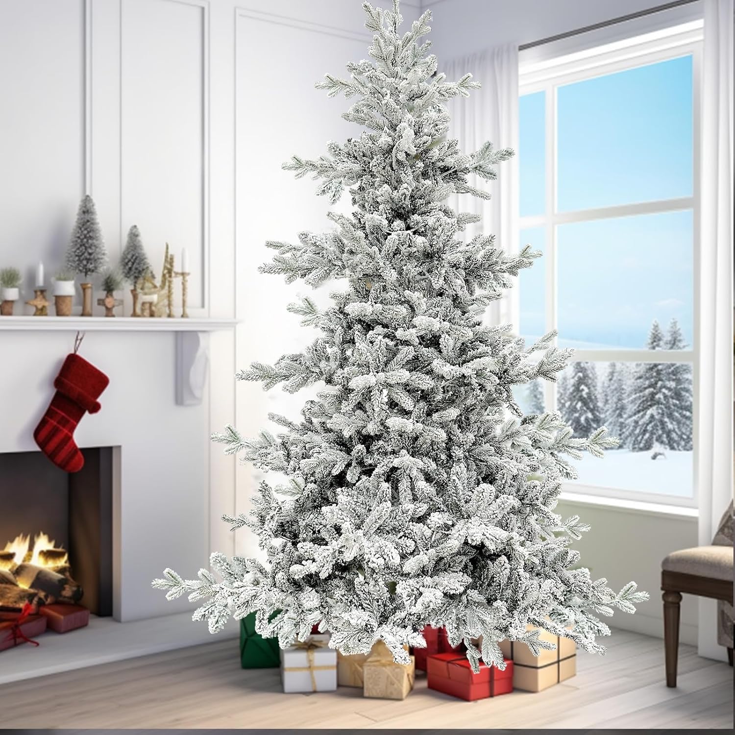 Árbol de Navidad artificial de Aspen flocado de 6 pies, 965 puntas nevadas, 340 luces, muy flocado, soporte de metal, decoración navideña