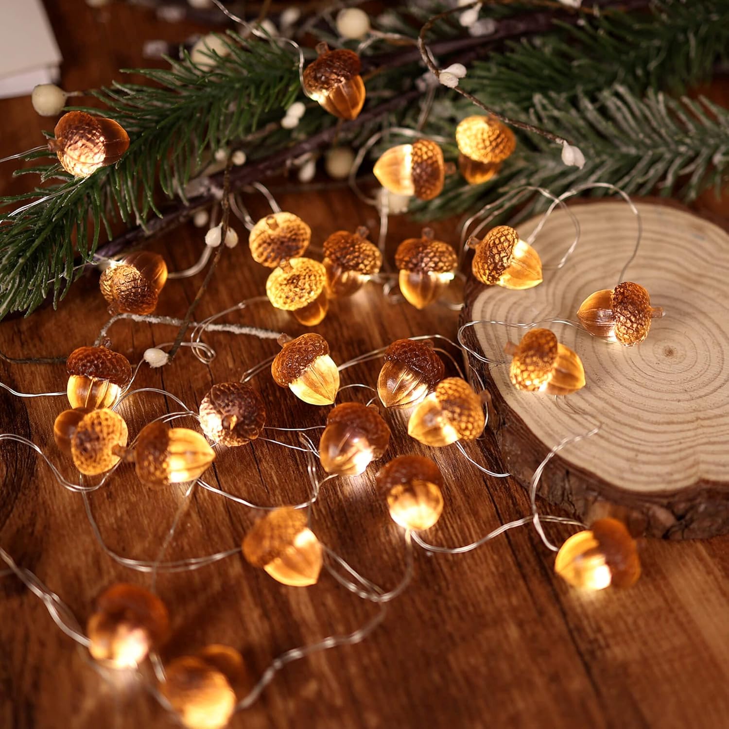 JASHIKA Guirnalda de luces 3D Twinkle Bellota para decoración de otoño, alambre de cobre de 10 pies, 30 luces LED alimentadas por pilas con