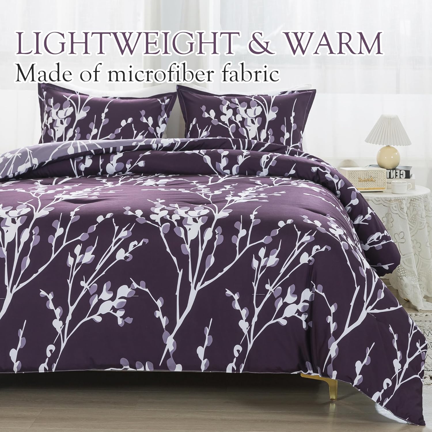 Andency Juego de edredón morado tamaño matrimonial (79 x 90 pulgadas)  Juego de cama reversible de 3 piezas de microfibra suave y ligera con ramas