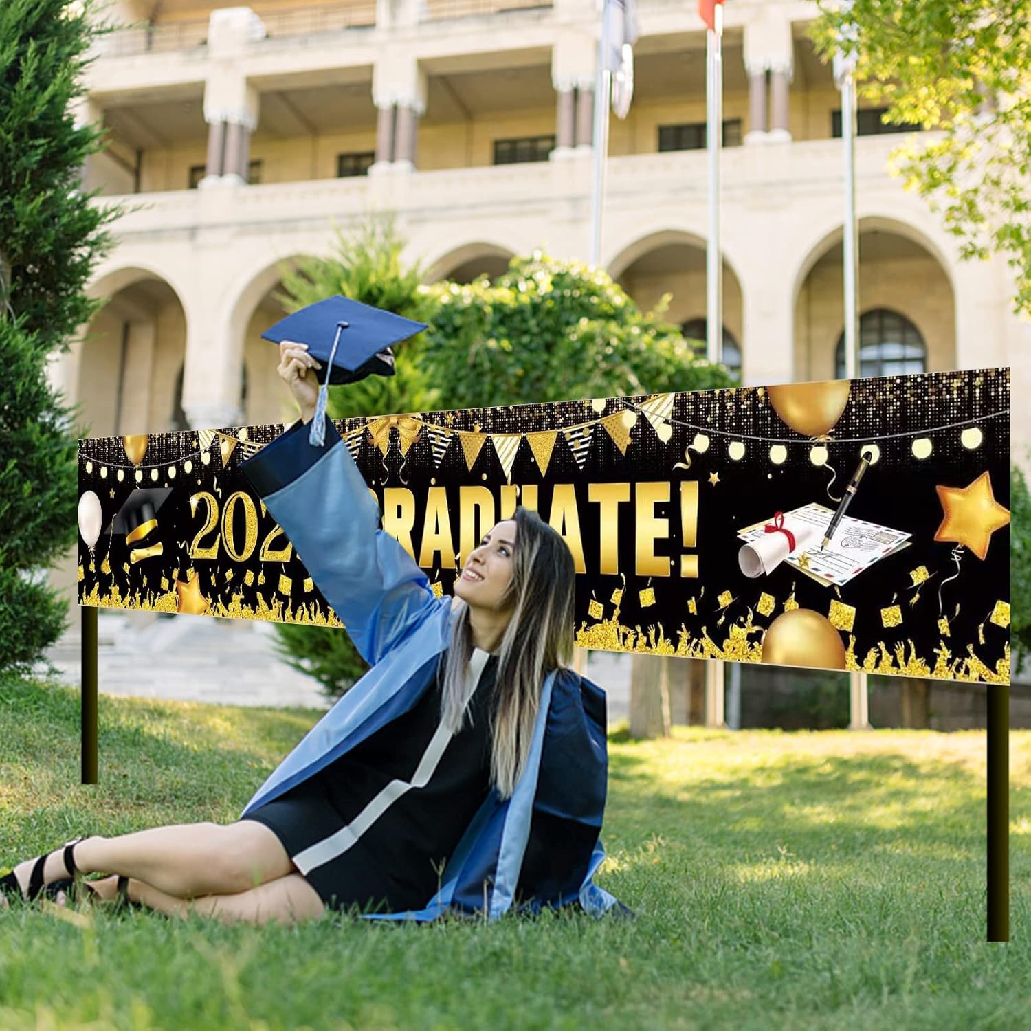 Cartel de graduación 2023, pancarta grande de felicitaciones graduadas negro dorado 2023, cartel de telón de fondo de graduación 2023 para