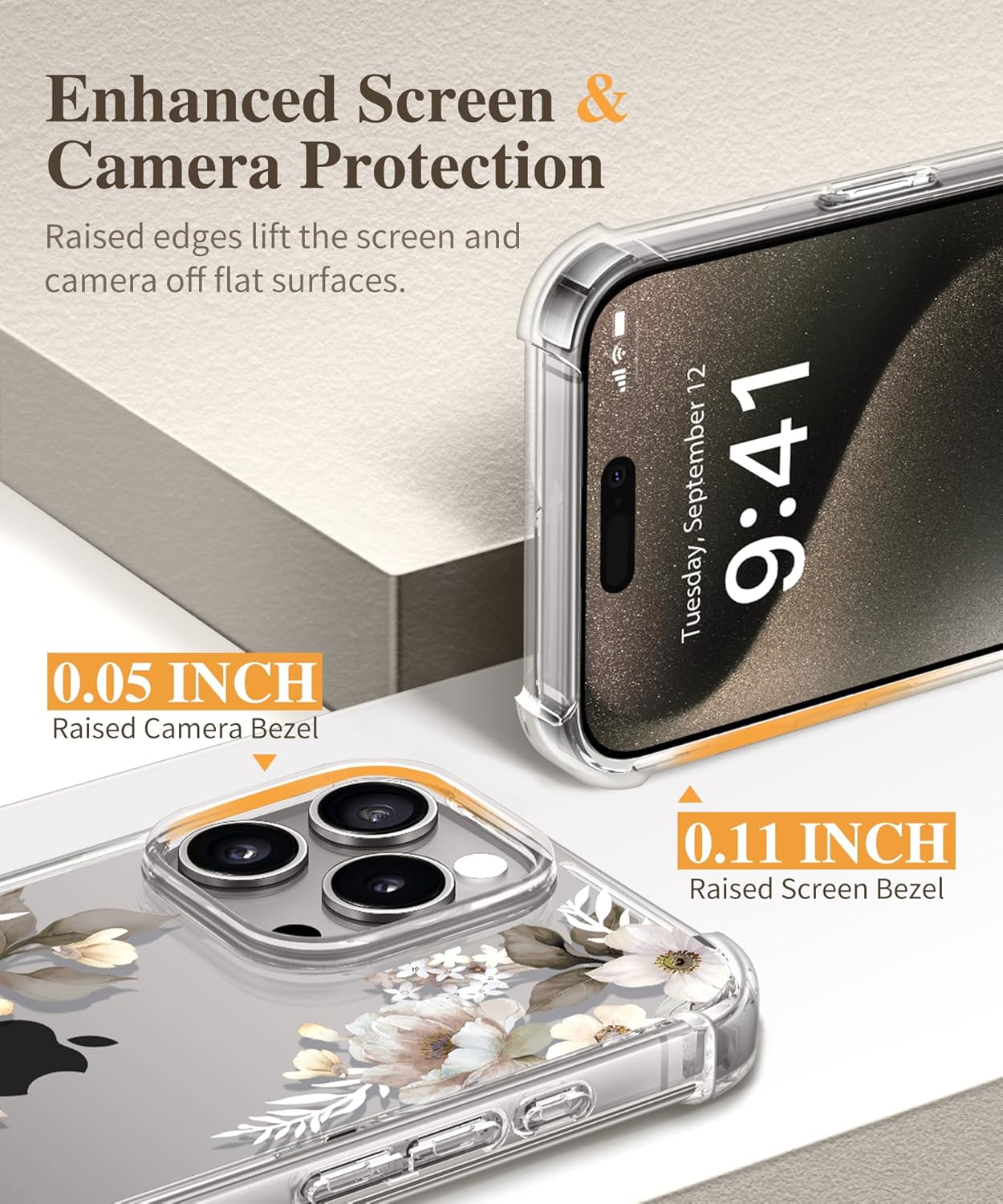GVIEWIN Funda para iPhone 15 Pro floral, con protector de pantalla + protector de lente de cámara, no se pone amarillenta delgada y a prueba de