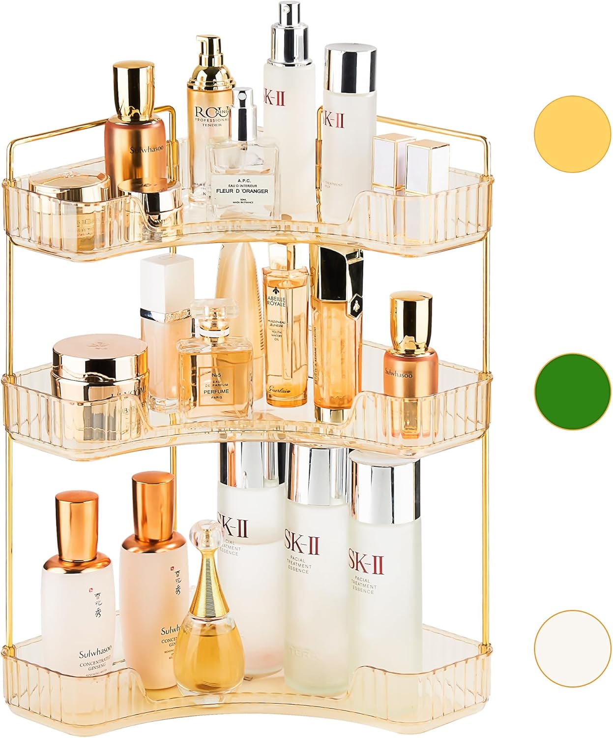 Organizador de maquillaje para esquina de baño, soporte organizador de maquillaje ámbar de 3 niveles, estante de perfume acrílico de gran capacidad,