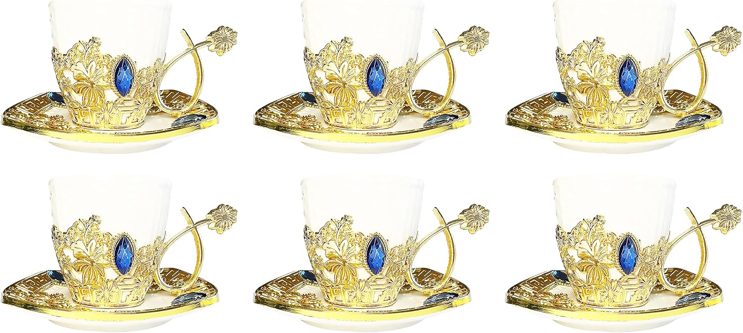 Chandler Juego de café turco expreso, taza de café griego árabe y platillo de 3 onzas líquidas con caja de regalo acrílica dorada, colección de 7