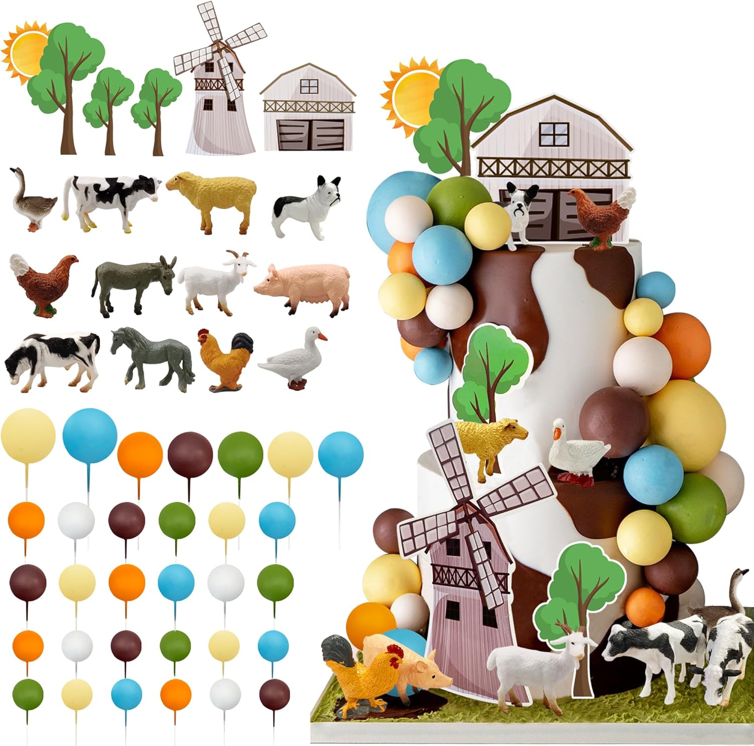 48 piezas de decoración de pasteles de cumpleaños de animales de granja, decoración de pasteles de granja para niños y niñas, animales de granja,