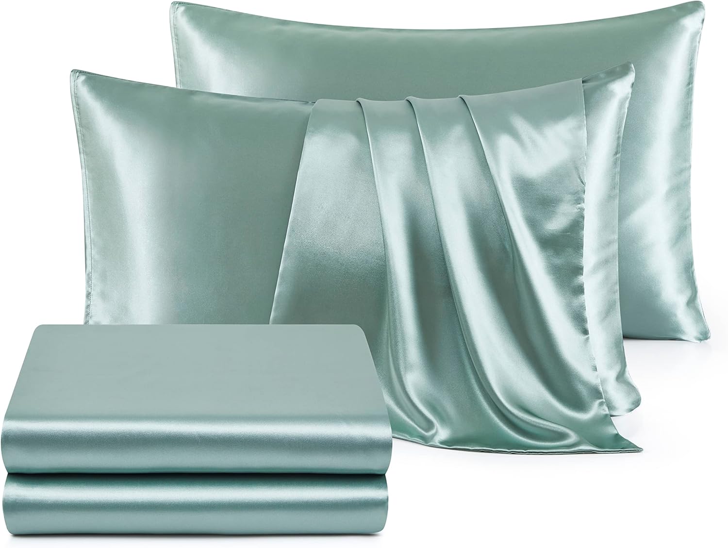 DengChao Juego de sábanas de satén de tamaño individual, 4 piezas, color verde grisáceo, funda de almohada de satén suave, sin arrugas,