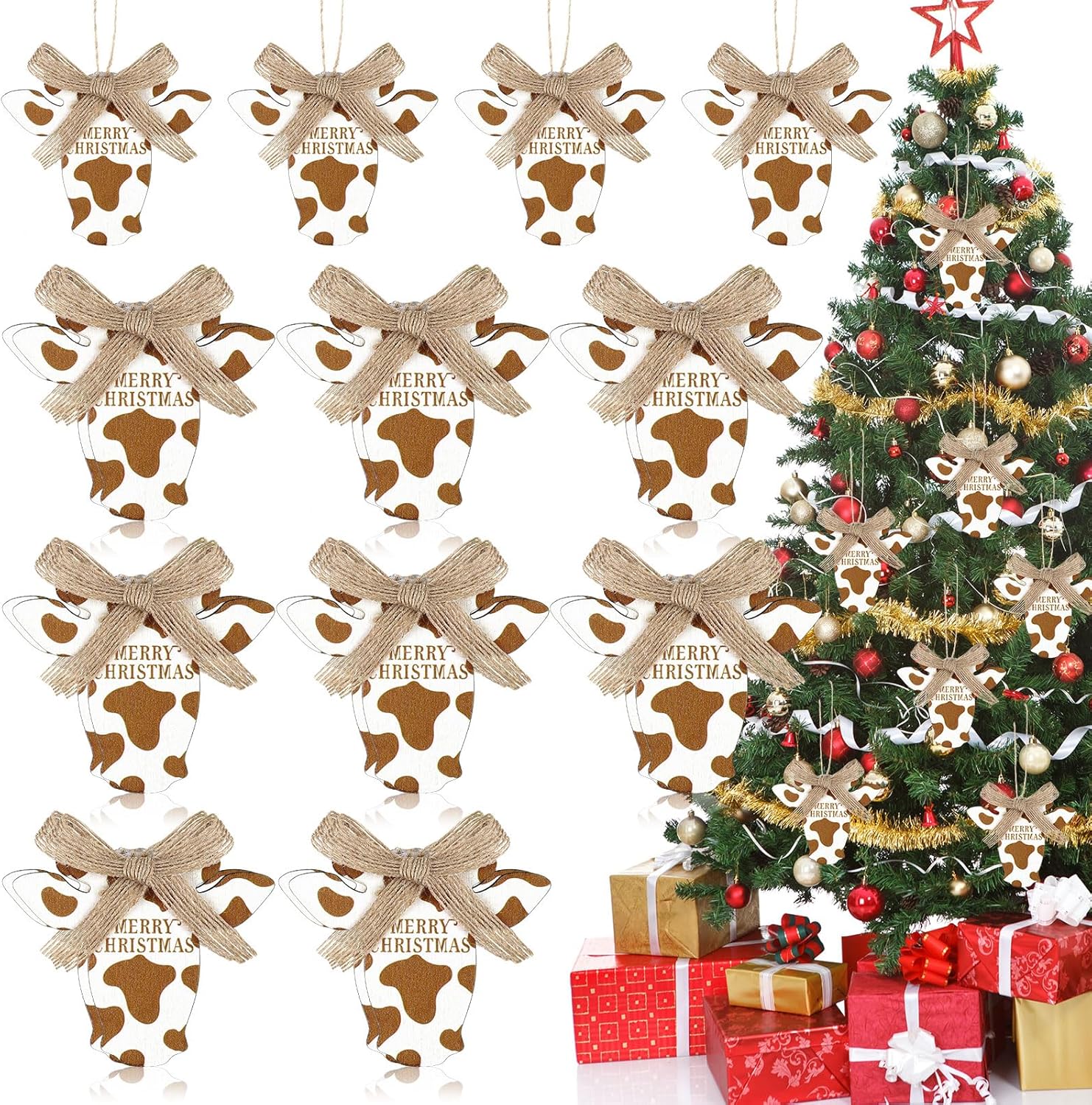 24 adornos de Navidad de vaca, decoración colgante de árbol de Navidad, cabeza de vaca, letrero de madera para puerta delantera, vaca rústica,