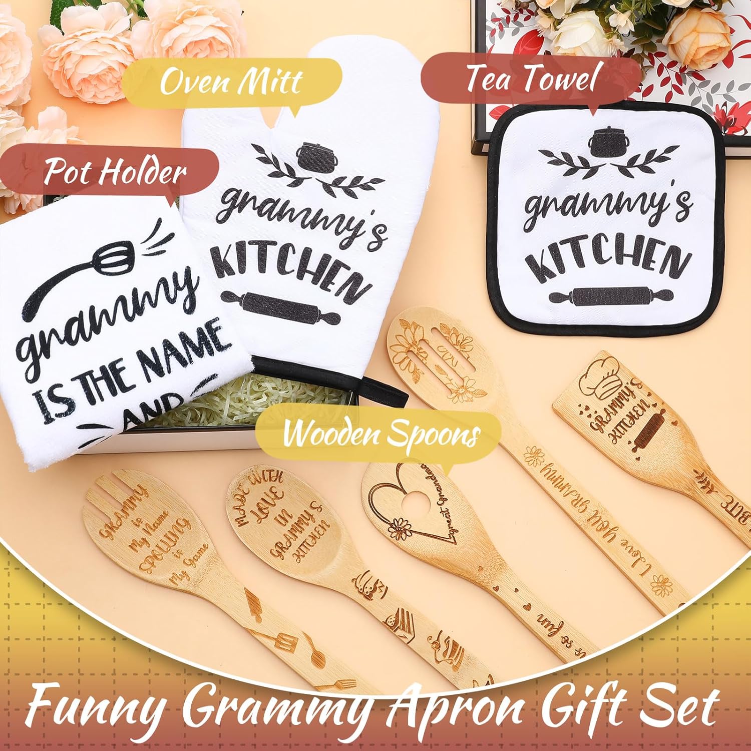 Juego de 10 piezas de regalo de cocina Mimi que incluye delantal de cocina de algodón, manoplas de horno, soporte para ollas de bambú, espátula de