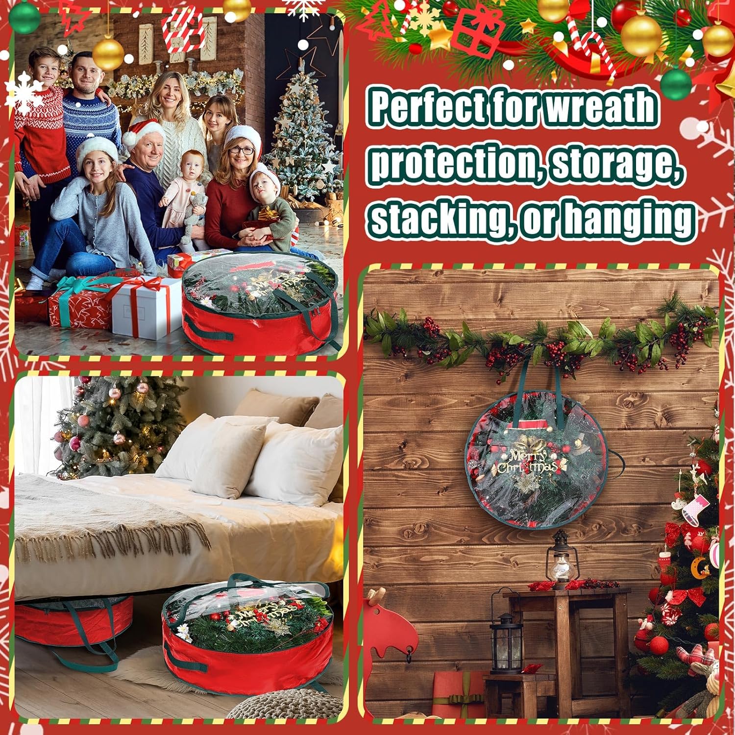Shappy Bolsa de almacenamiento de corona de Navidad, contenedores de almacenamiento de plástico para coronas, contenedor de coronas, decoración de