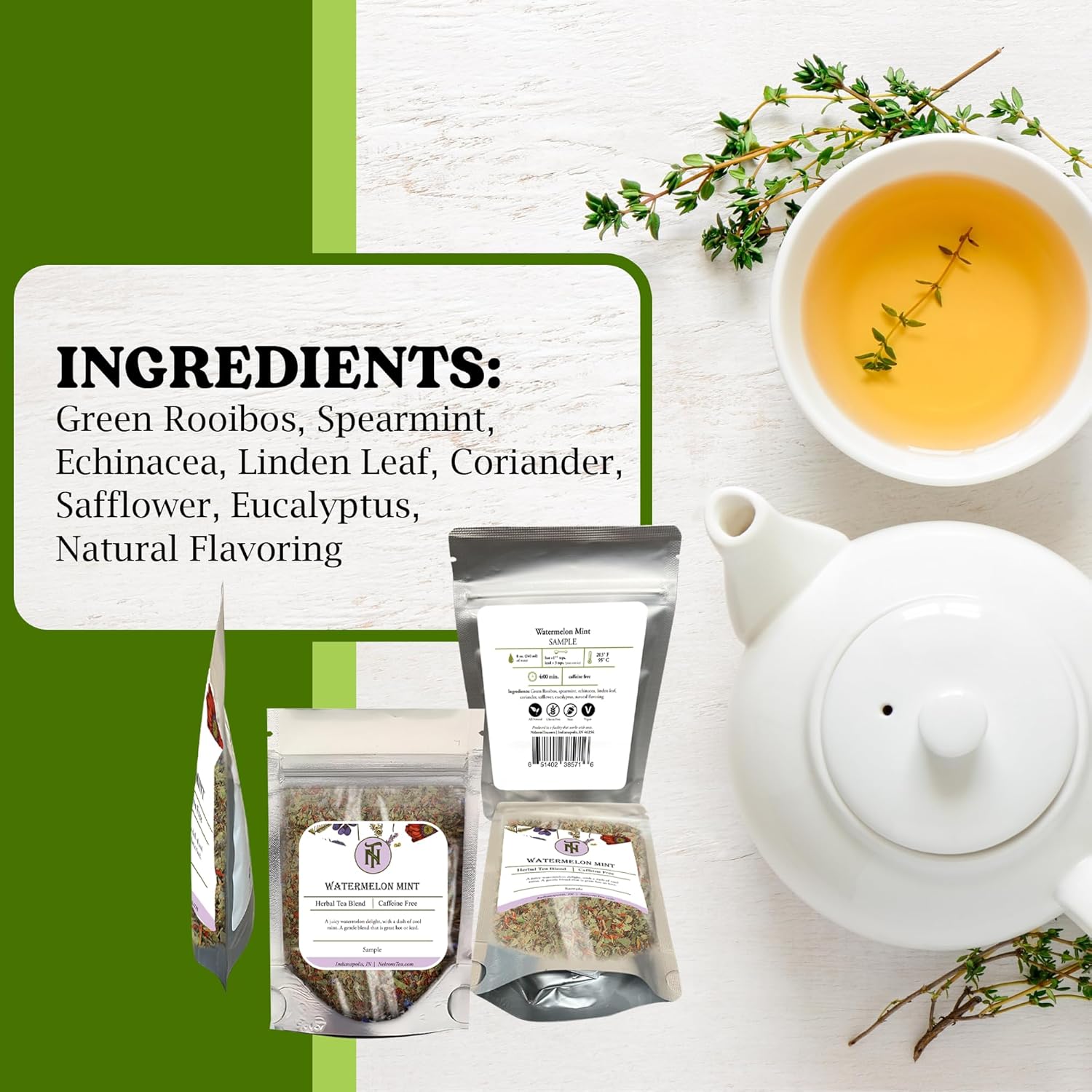 Nelson’s Tea – Menta de sandía – Rooibos verde, menta verde, equinácea, hoja de tilo, cilantro, cártamo y eucalipto (muestra)