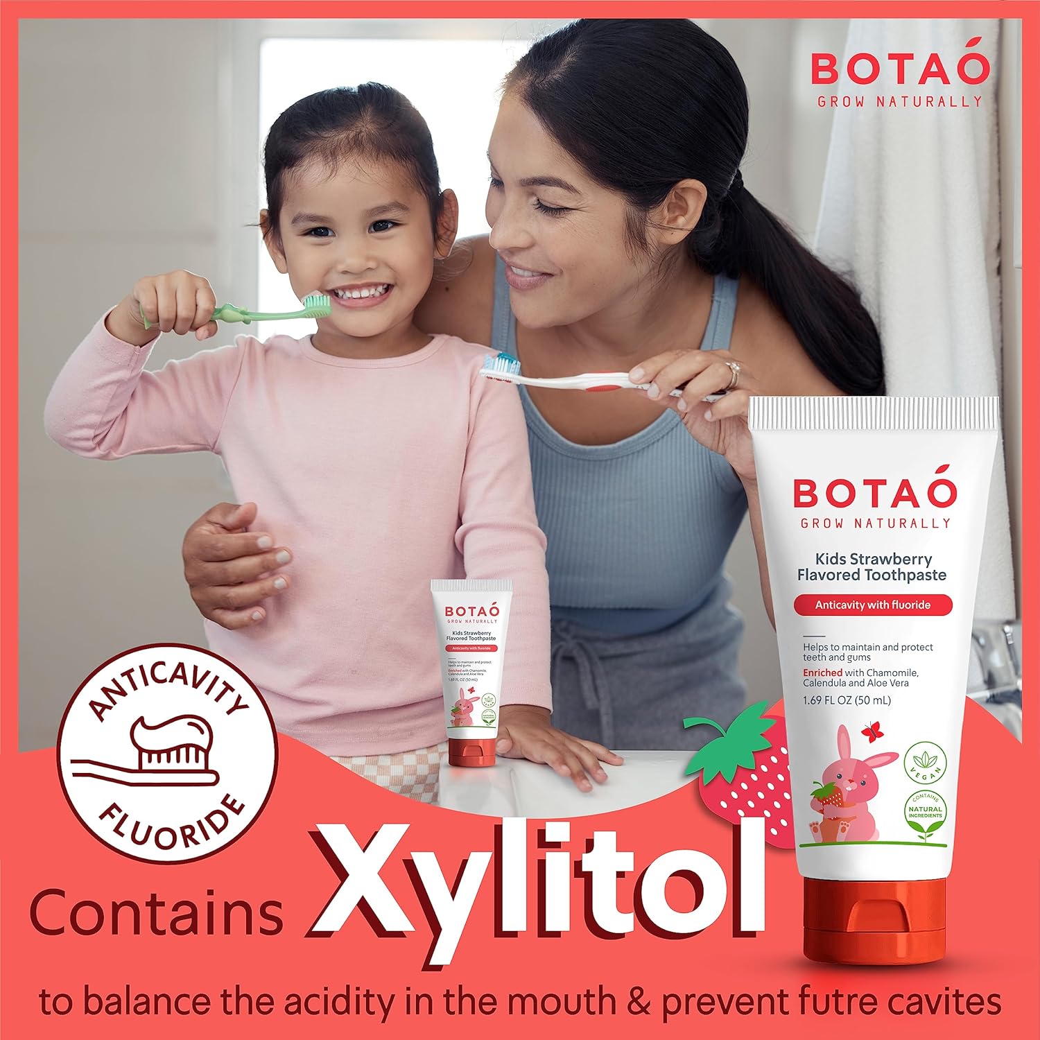 Pasta de dientes para niños, pasta dental anticaries con flúor natural con sabor a fresa, máxima protección de caries, verificada por EWG, vegana,