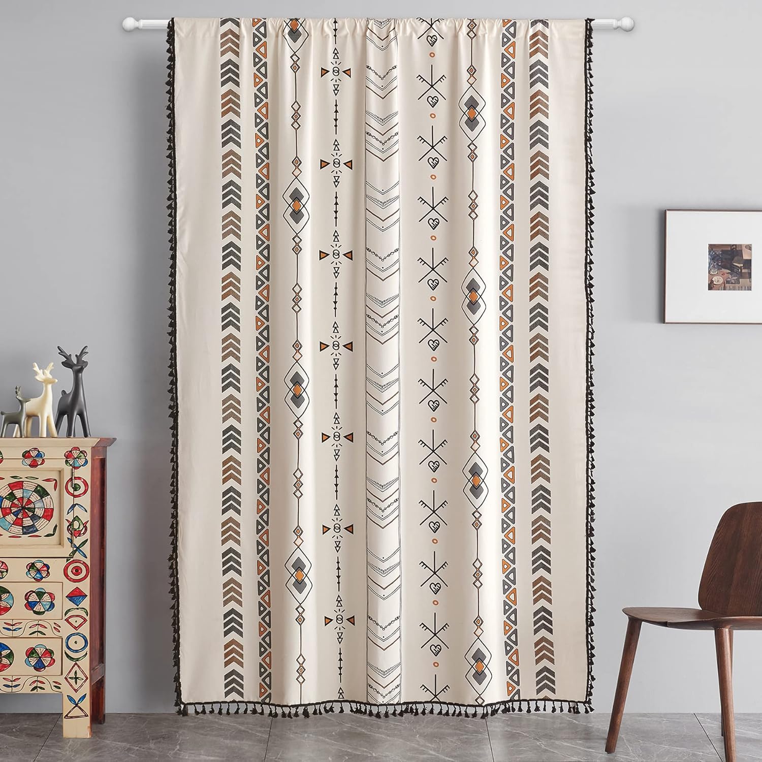 Coral Fish Cortinas bohemias geométricas para ventana de sala de estar, cortinas bohemias para dormitorio, con dobladillo para barra, borlas, de