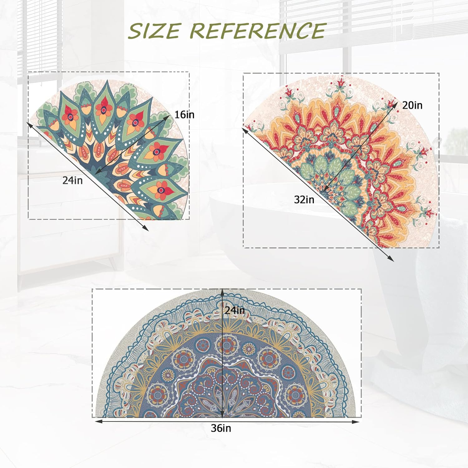Tapete de baño delgado absorbente semicírculo, bohemio, bohemio, lavable a máquina, de secado rápido, multicolor, 24 x 36 pulgadas