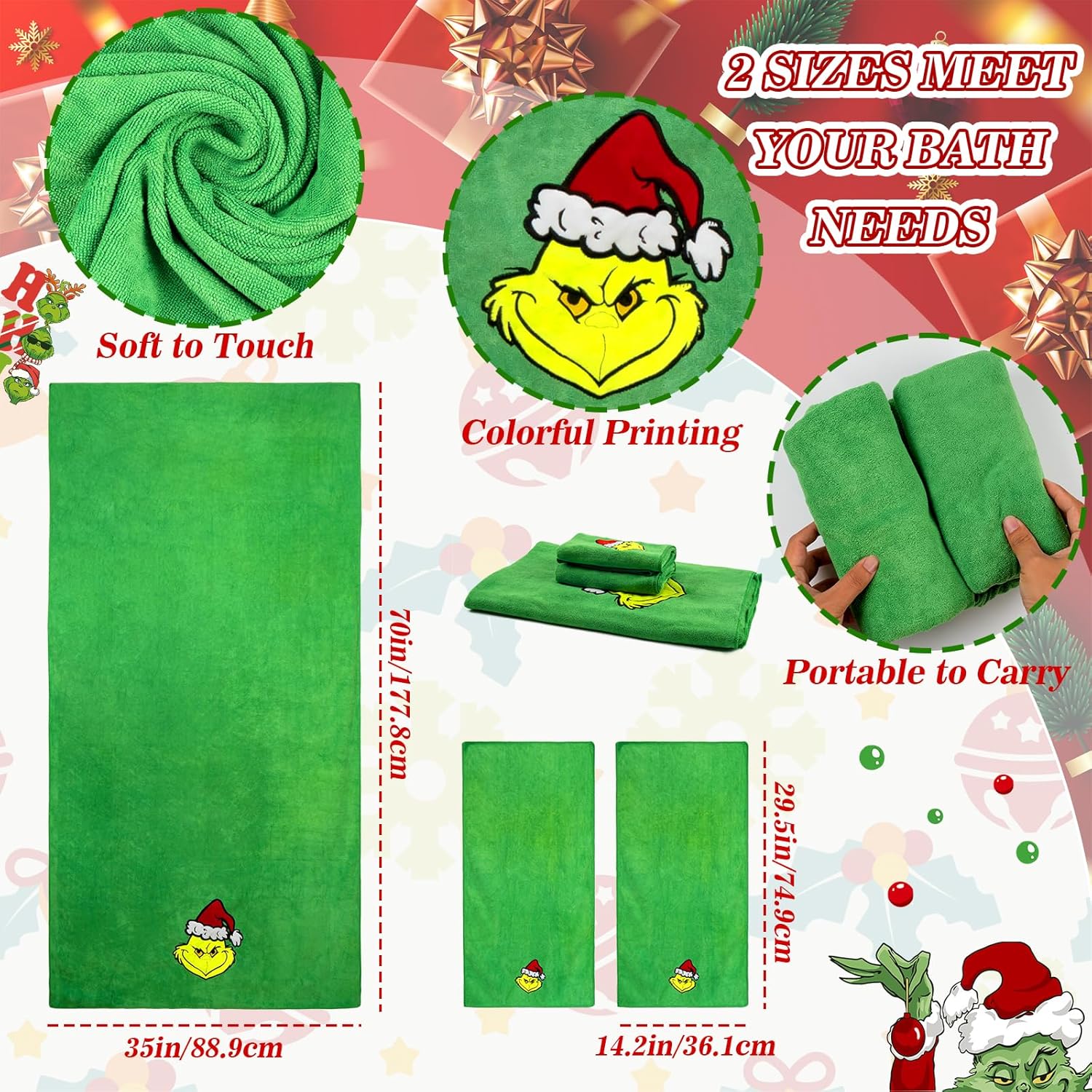 AMUHUA Juego de 3 toallas de mano navideñas para baño, color verde navideño, toallas de manos y toallas de baño para secar la ducha, limpiar y