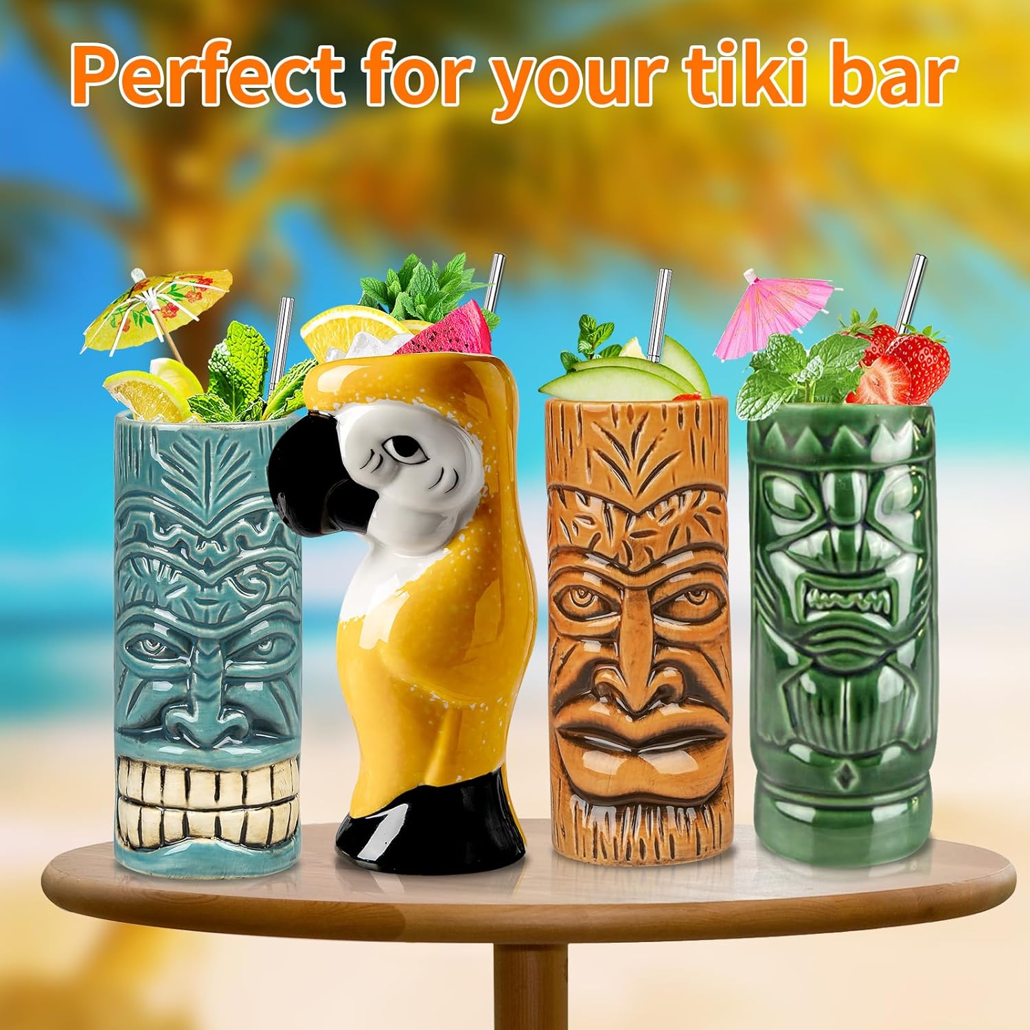 Tiki – Juego de 4 tazas de cóctel grandes hawaianas con pajitas, posavasos, jigger, colador, coctelera, púas de cóctel, Muddler, fiestas lindas