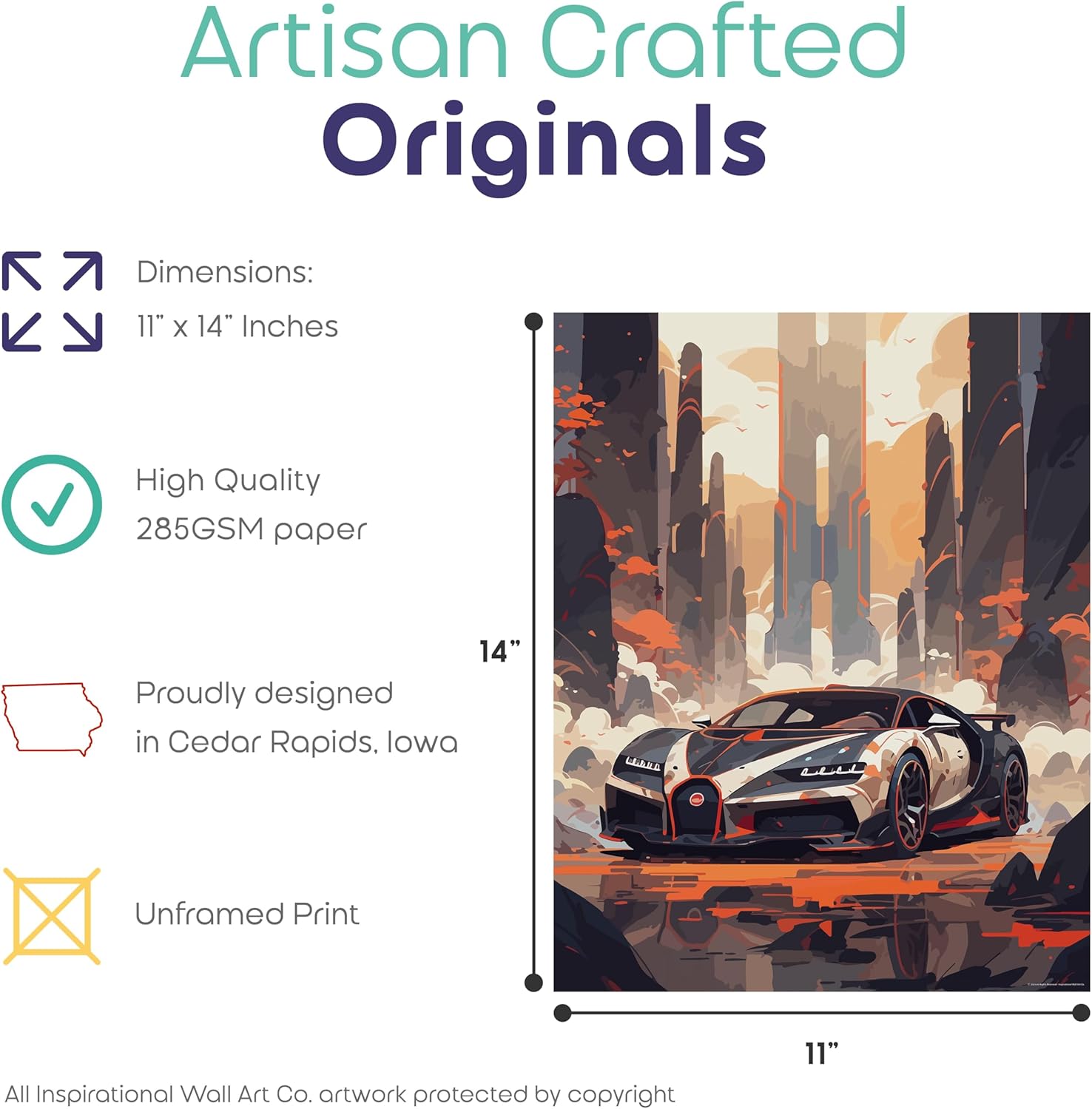 Inspirational Wall Art Co. – Elegante  Póster Bugatti Chiron – Póster de coche para habitación de niños – Decoración de pared del coche – Decoración