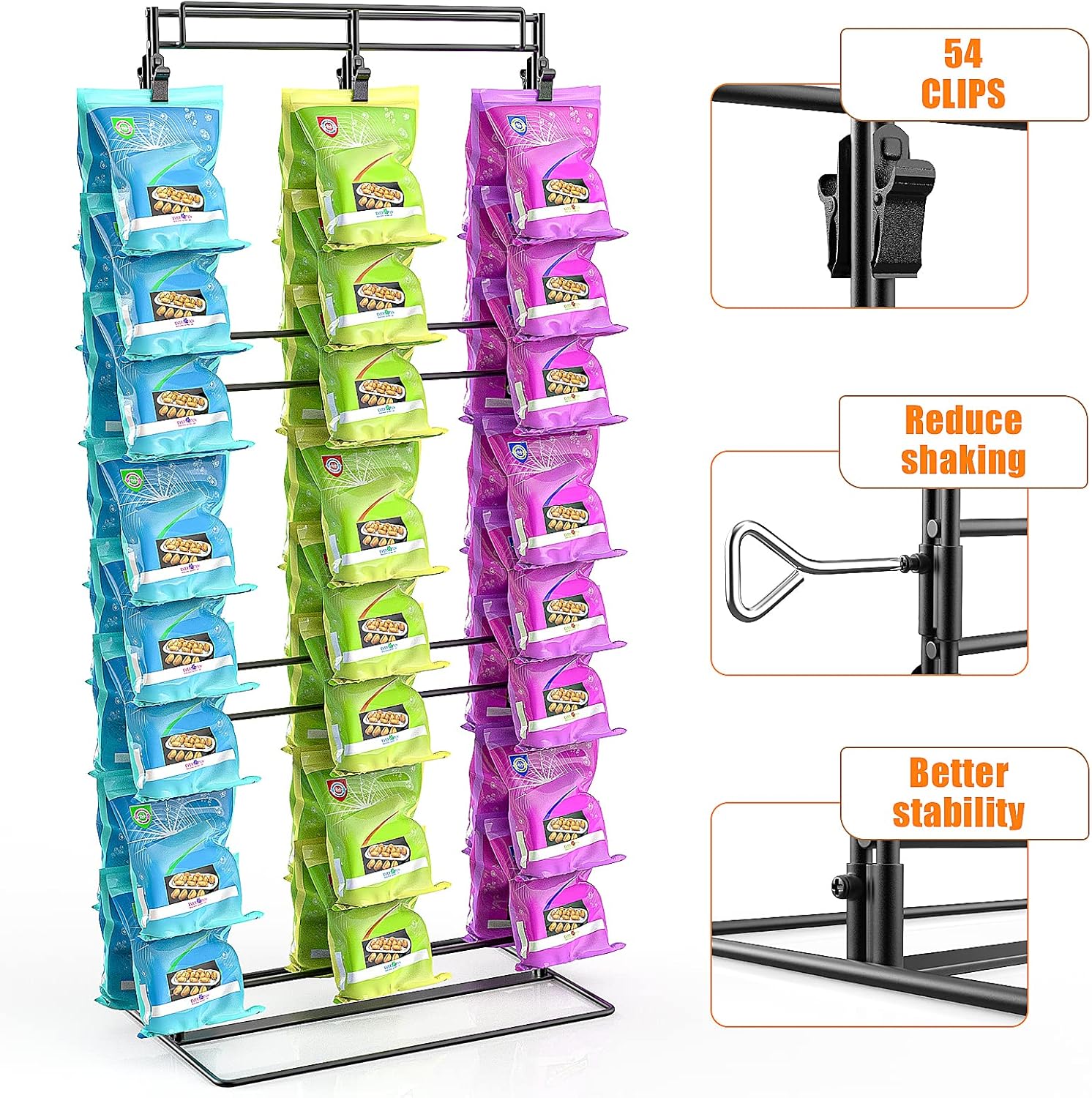 Eazy2hD Estante de patatas fritas mejorado con 54 clips, soporte de chips de 3 filas para fiestas, soporte para bolsas de chips de encimera,