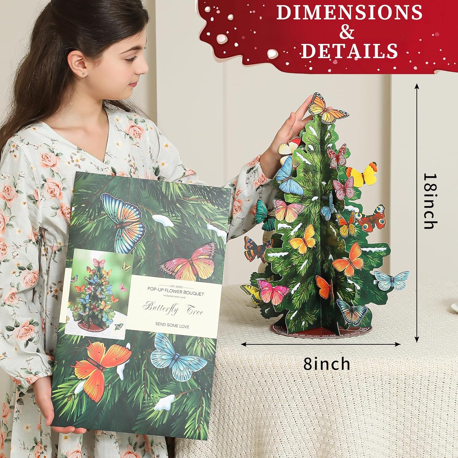 Árbol de Navidad plegable desplegable de 19.7 pulgadas, decoración del hogar, con mariposa, decoración de Navidad, tarjetas, sobres, para decoración
