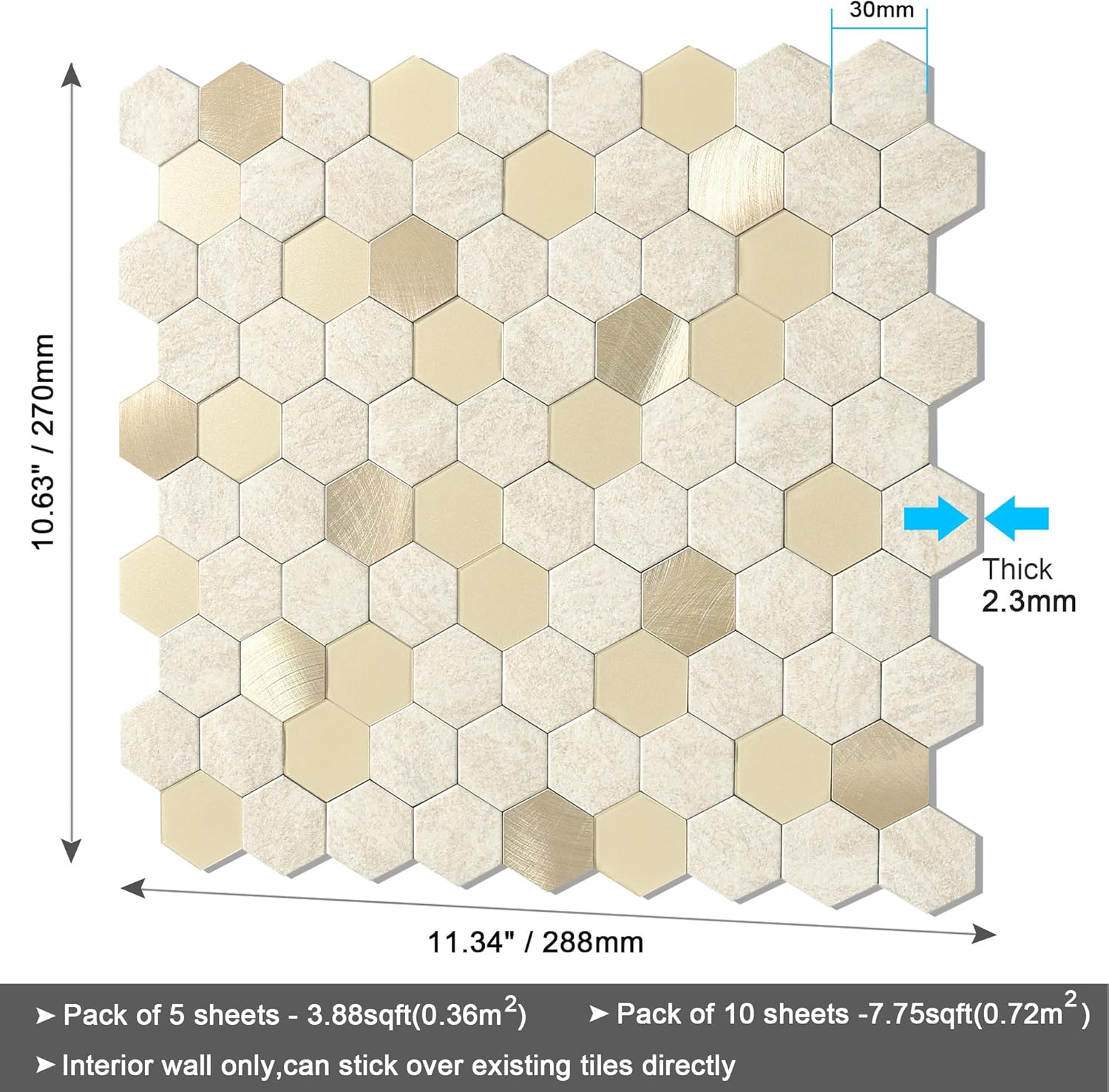 BeNice Azulejo adhesivo para salpicaduras de baño, azulejos hexagonales para despegar y pegar, panel de pared de cocina, protector contra
