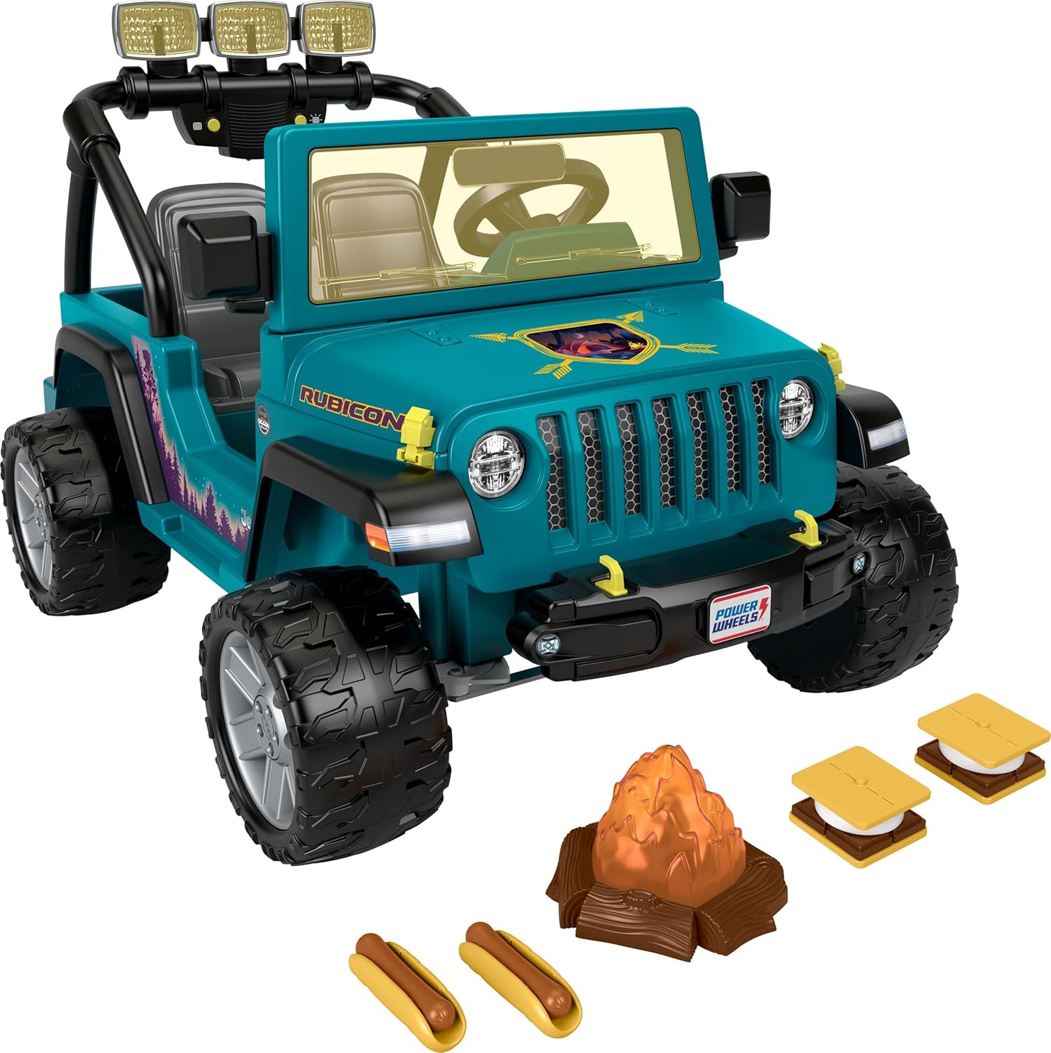 Fisher-Price Power Wheels Jeep Wrangler montable para ir camping con comida de simulación, equipo de campamento y luces, juguete preescolar,