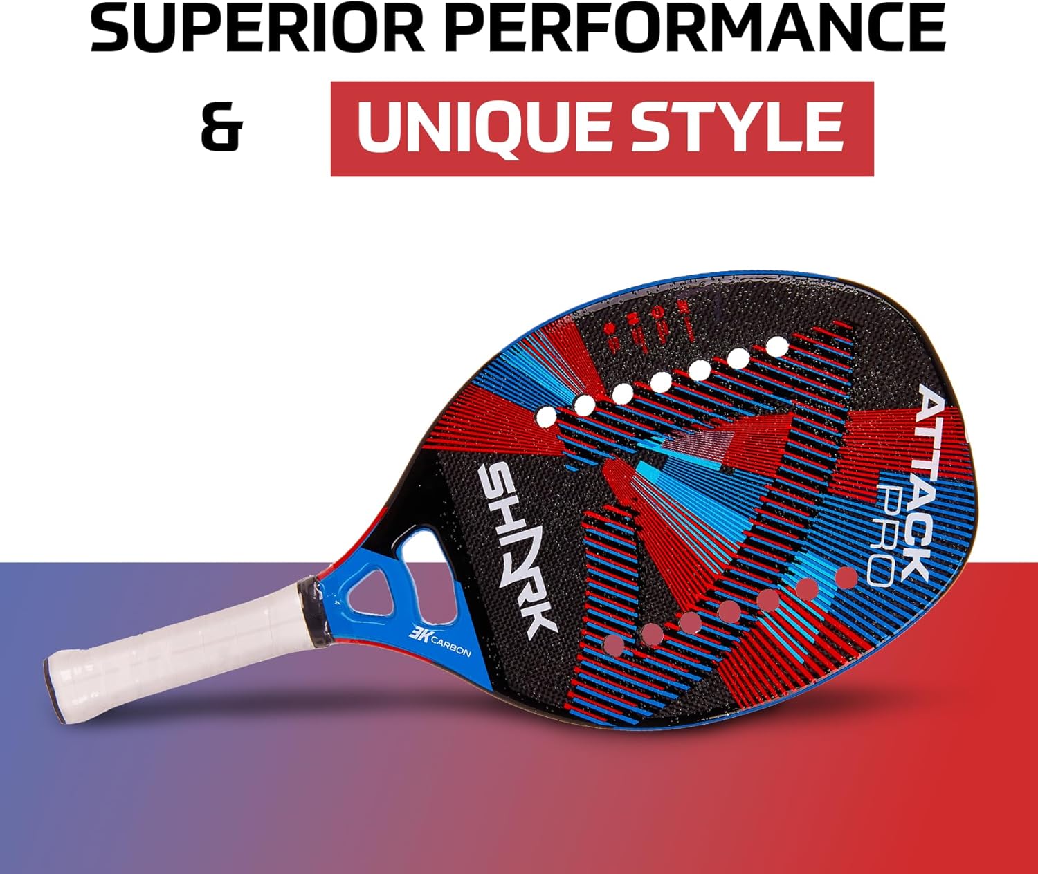 Shark Attack – Raqueta profesional de tenis de playa  Carbon 3K  EVA Soft Grey  0.866 in de grosor  Tecnología Spin Generation  Incluye funda