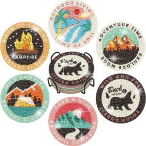 Temlum 6 posavasos de pintura de diamante con soporte, posavasos de campamento al aire libre, kits de arte de diamantes para principiantes, adultos, Temlum 6 posavasos de pintura de diamante con soporte, posavasos de campamento al aire libre, kits de arte de diamantes para principiantes, adultos,