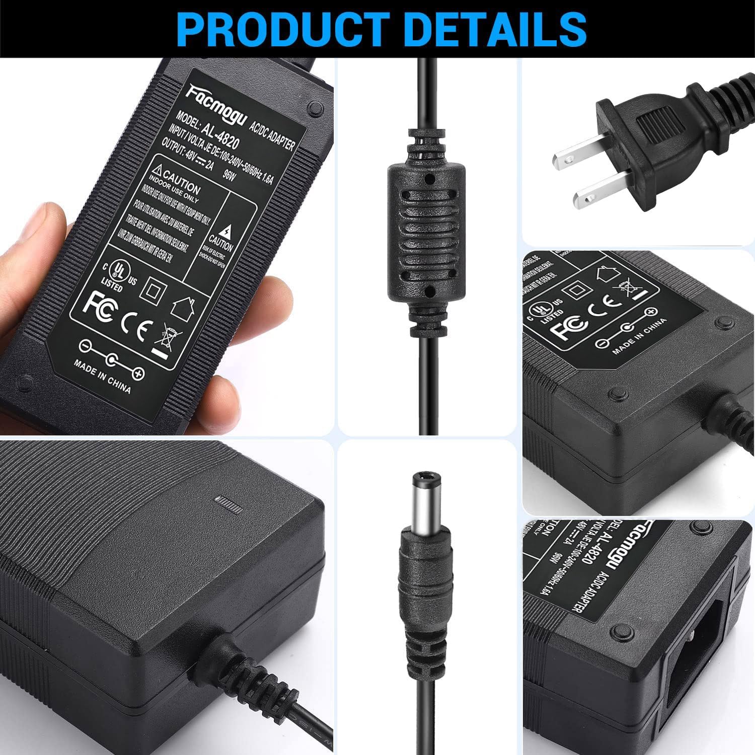 Facmogu Adaptador de fuente de alimentación de 48 V, 2 A, CA 100-240 V a CC 48 V 2 A, interfaz de transformador de 0.217 x 0.098 in y enchufe de