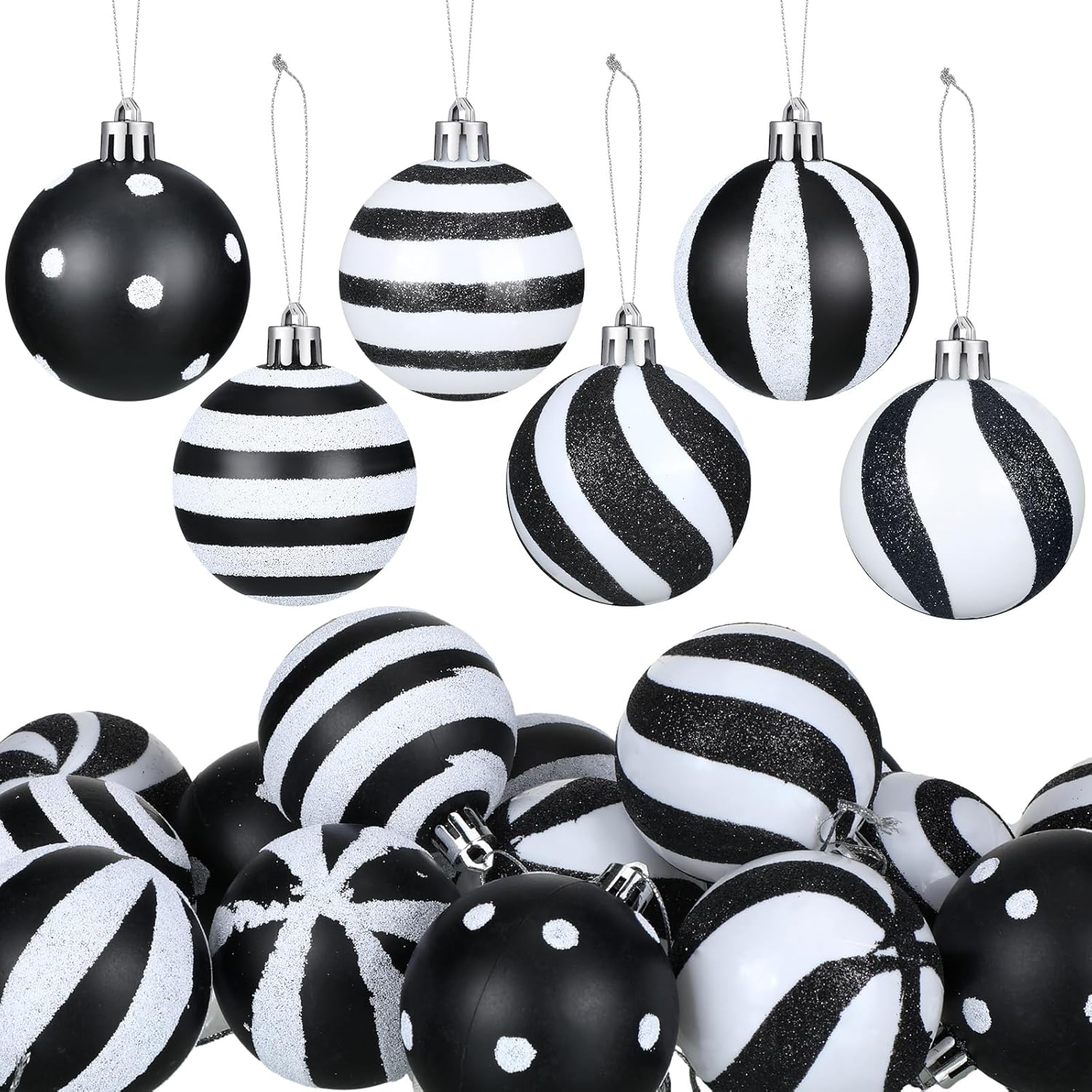 24 bolas de Navidad en blanco y negro de 2.36 pulgadas, diseño de rayas de punto, esferas de Navidad colgantes de plástico negro, adornos de Navidad