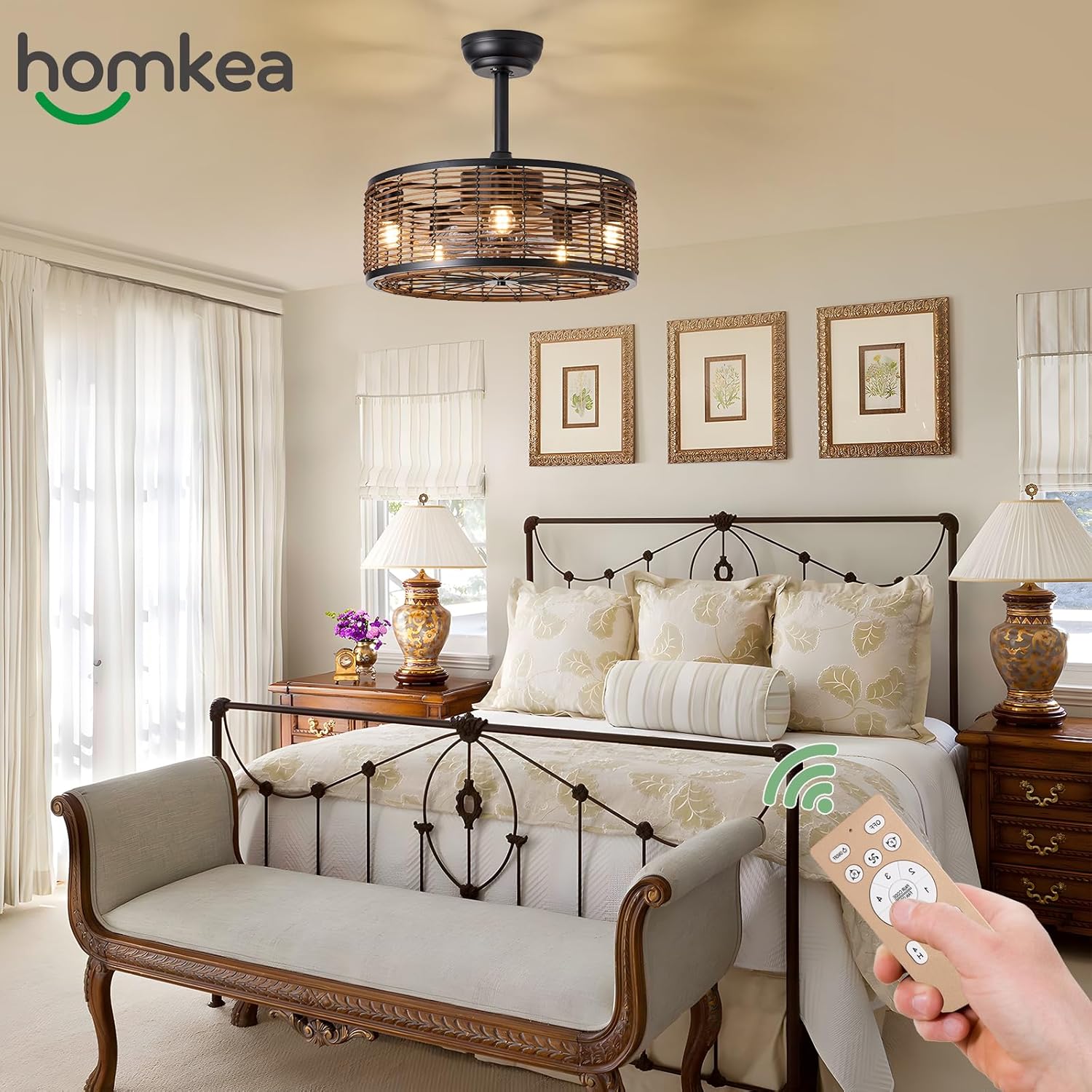 HOMKEA Ventilador de techo bohemio de ratán con control remoto de luz, montaje empotrado, ventiladores de techo enjaulados de granja de 20 pulgadas