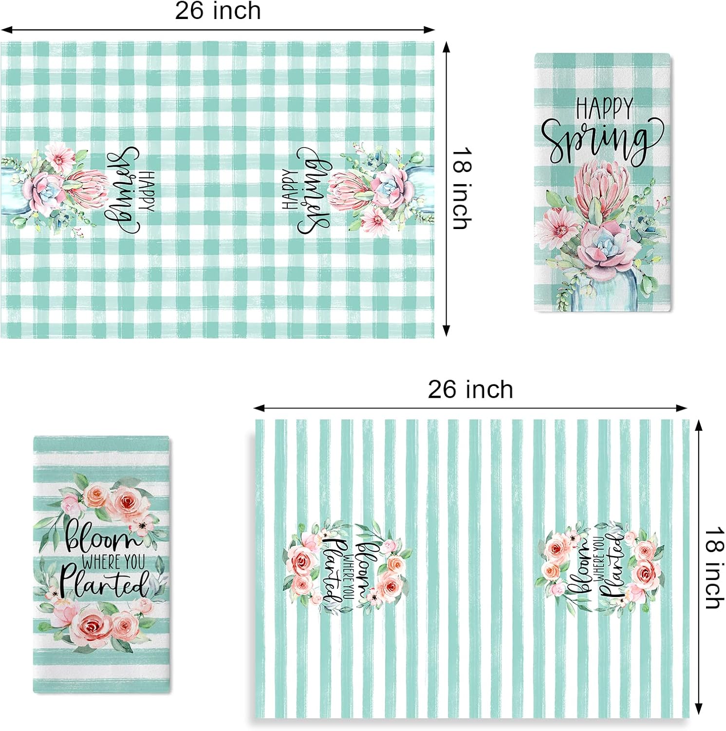 Seliem Happy Spring – Juego de 2 toallas de cocina con diseño de cactus y flores suculentas, guirnalda de rosas, color verde menta, búfalo a rayas,