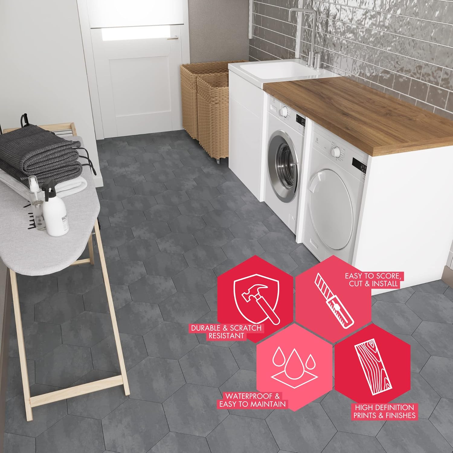 BaseCore HEX – Suelo hexagonal de vinilo gris, 5.75 pulgadas, autoadhesivo, texturizado, moderno, azulejos para despegar y pegar  Azulejo de muestra