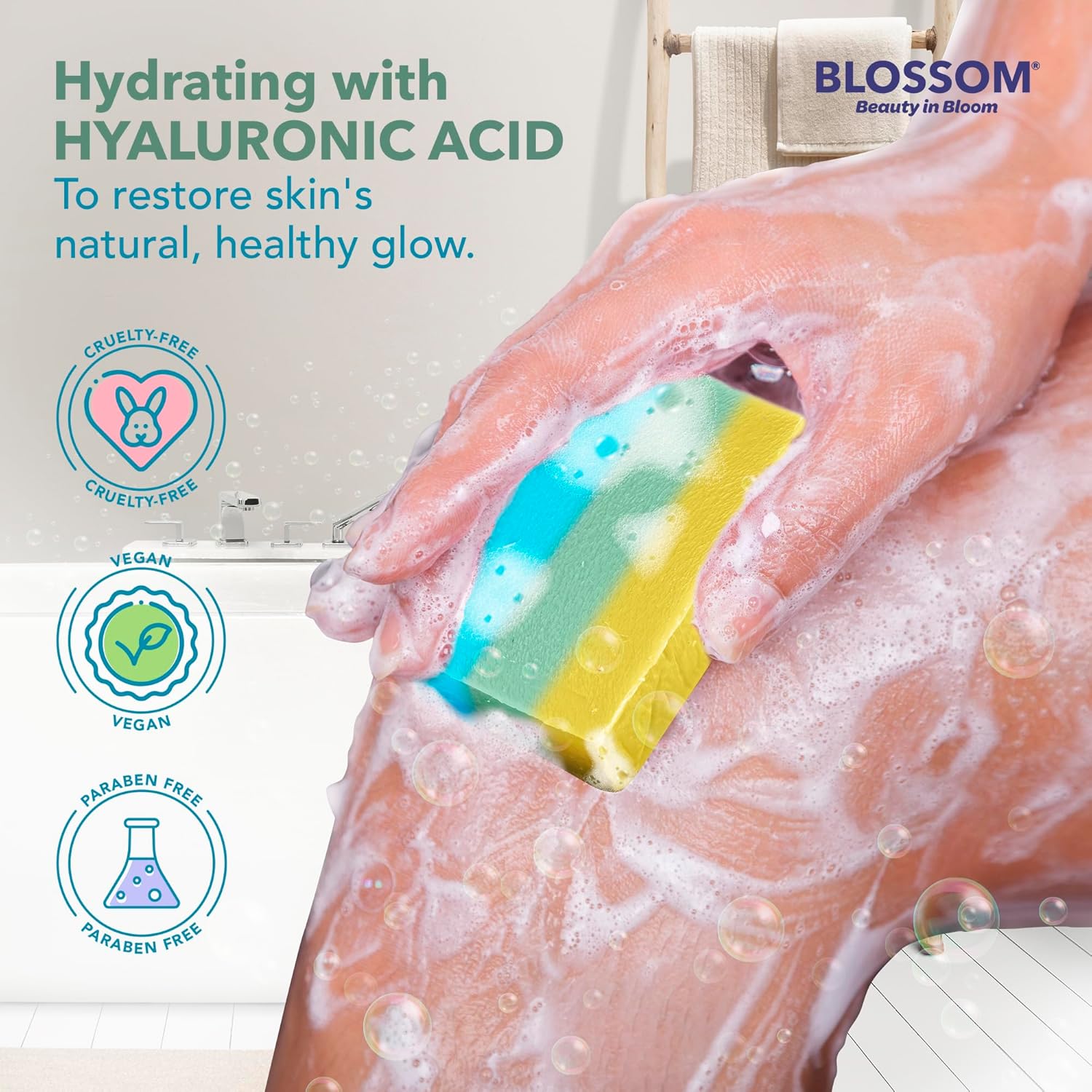Blossom En capas de lujo de triple capa hidratante + jabón corporal hidratante para mujeres + hombres con glicerina y ácido hialurónico, libre de