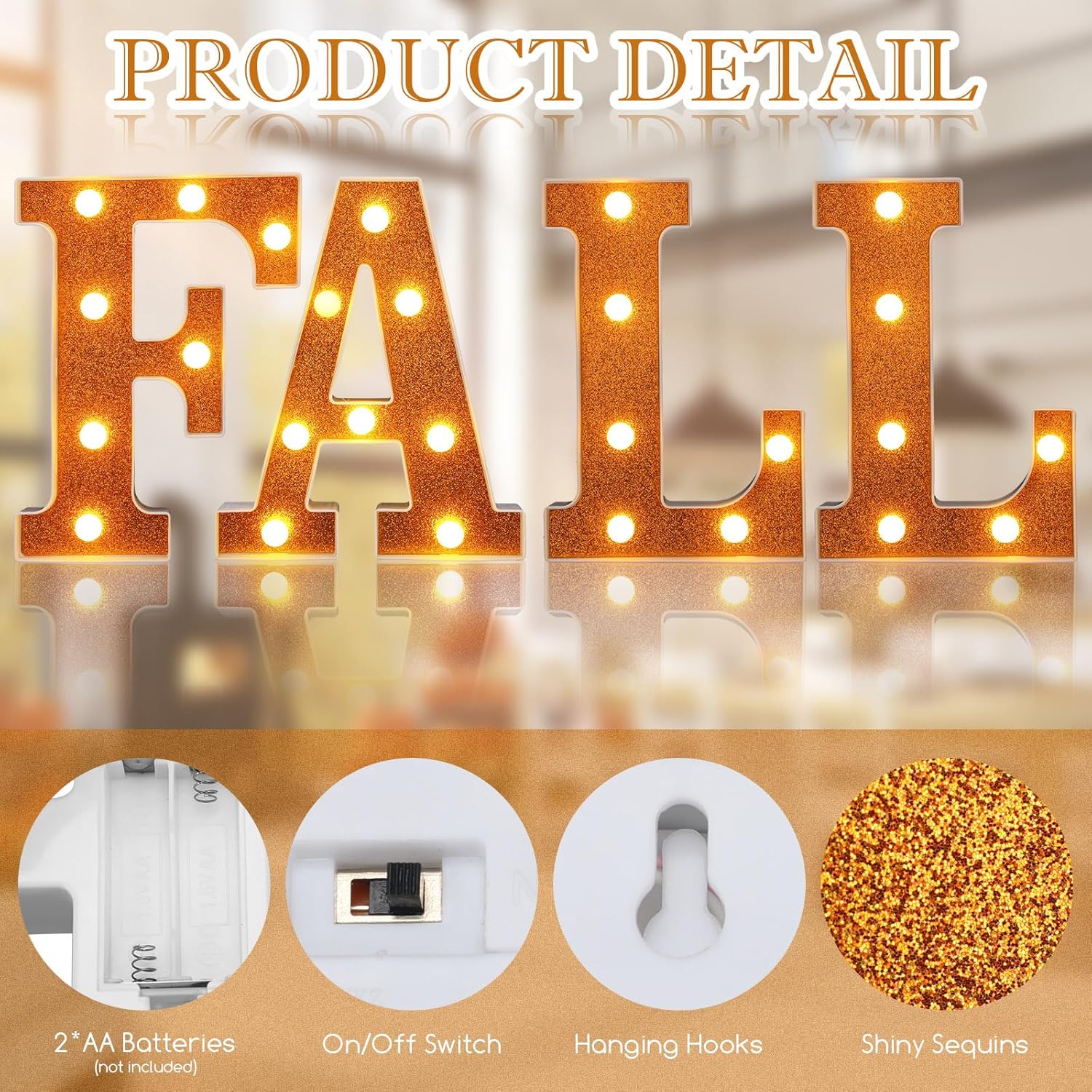 4 piezas de decoración de otoño de Acción de Gracias con purpurina naranja iluminada, letras LED de marquesina de otoño, decoración de luces de