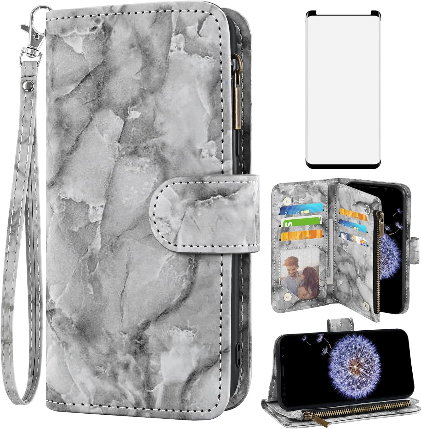 Asuwish Funda de teléfono para Samsung Galaxy S9 Plus con protector de pantalla de vidrio templado y soporte de ranura para tarjeta de crédito con