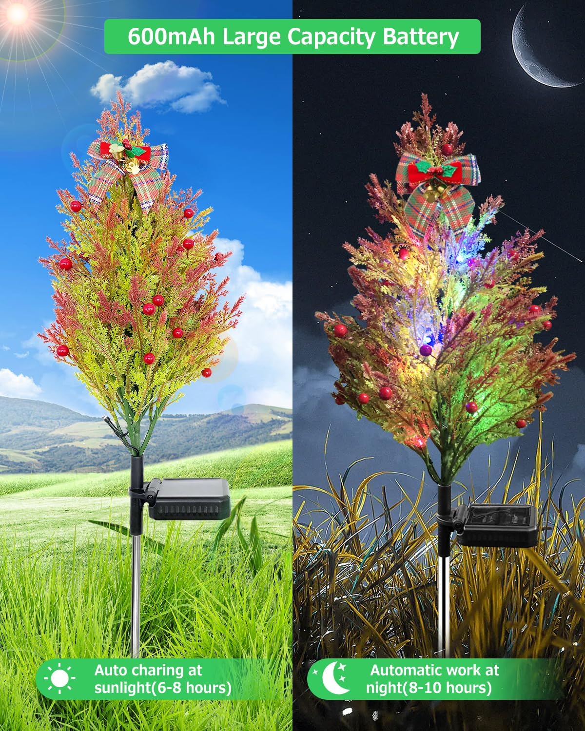 Luces solares para árbol de Navidad para decoración de jardín al aire libre, luces LED solares de camino de 2.4 pies, luces solares parpadeantes