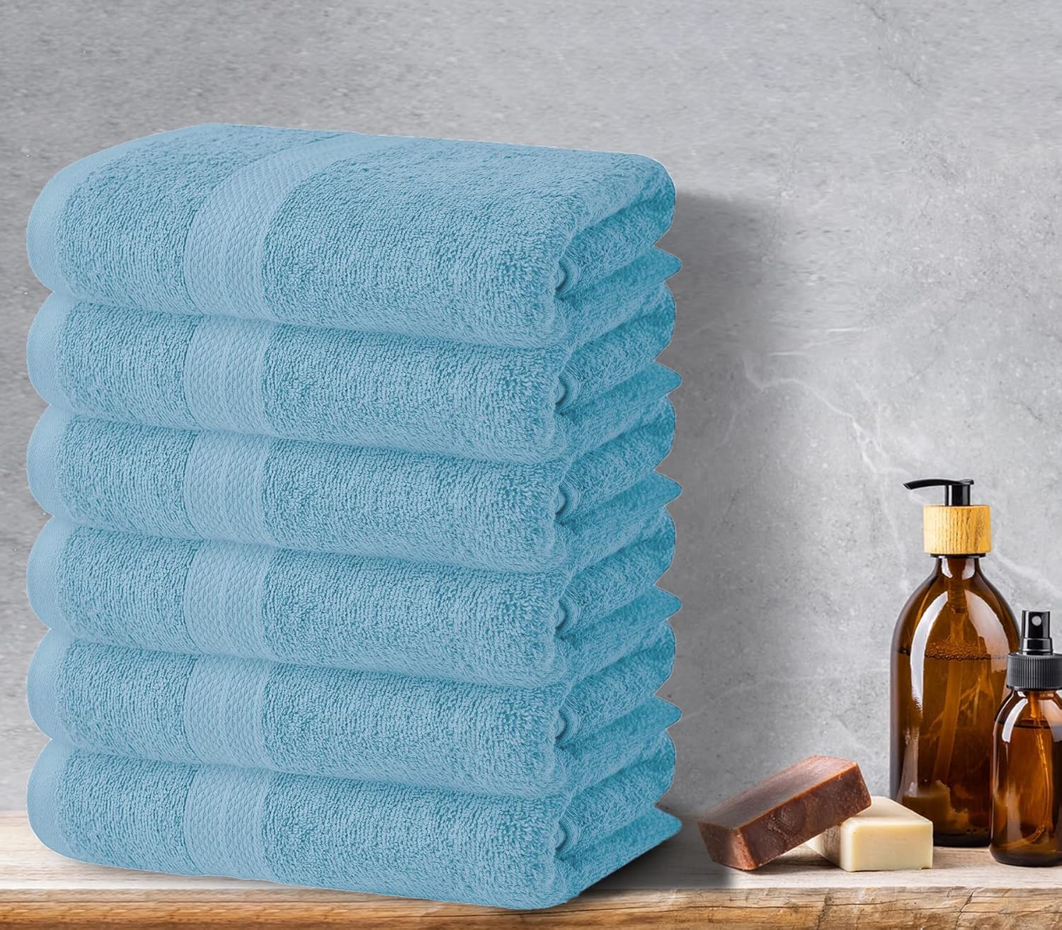 Avalon – Juego de 6 toallas de baño para baño, 100% algodón, color azul polvo, paquete de 6 (24 x 48 pulgadas), juego de toallas de baño de secado