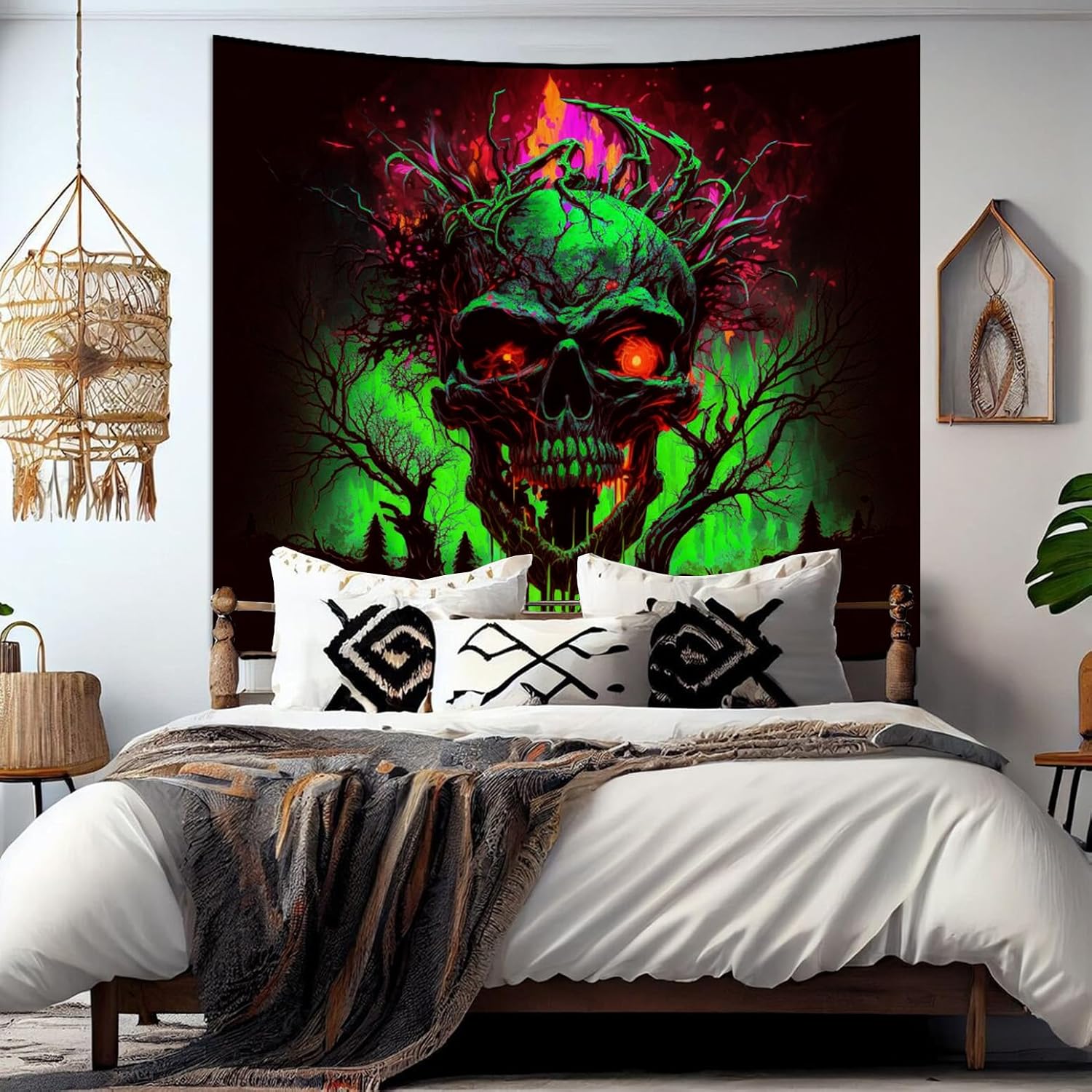 SparkLia Tapiz de calavera de fuego con luz negra, tapiz para colgar en la pared, tapiz de neón de terror oscuro aterrador, bosque de esqueleto